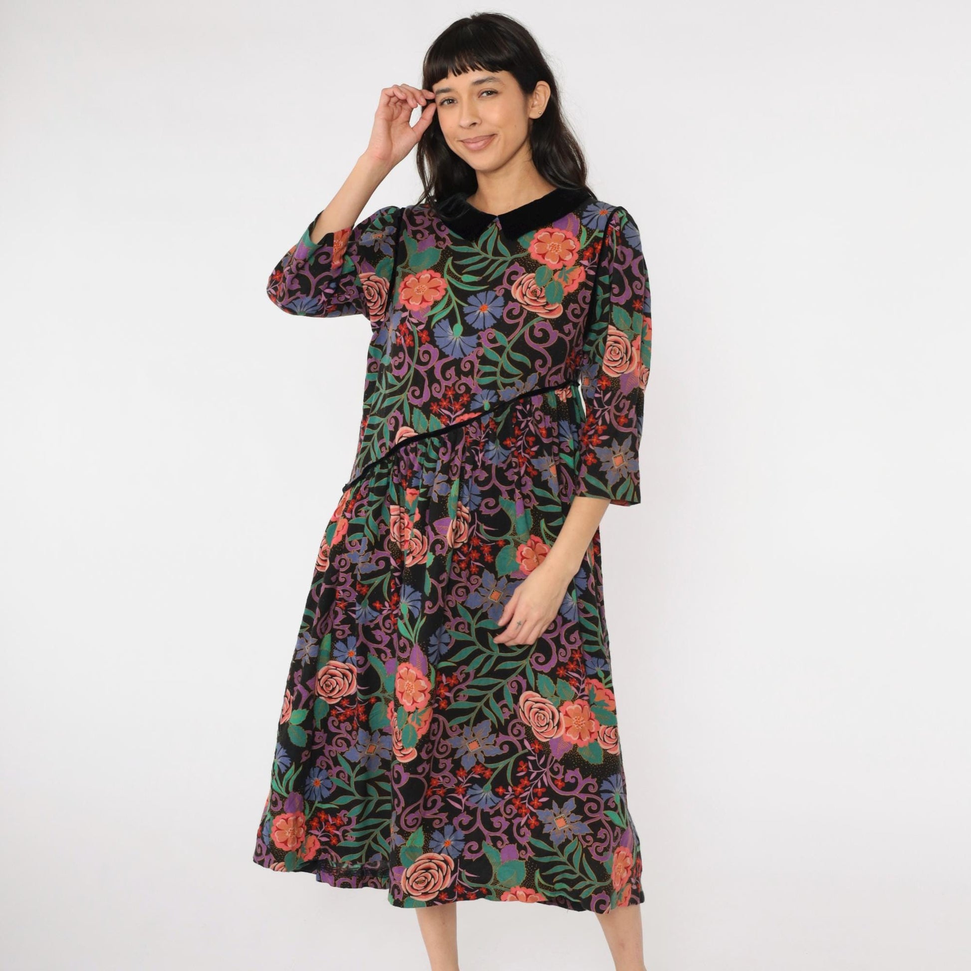 80s Floral Midi Dress Black Multicolor Peter Pan Collar Velvet Asymmetrical Large
