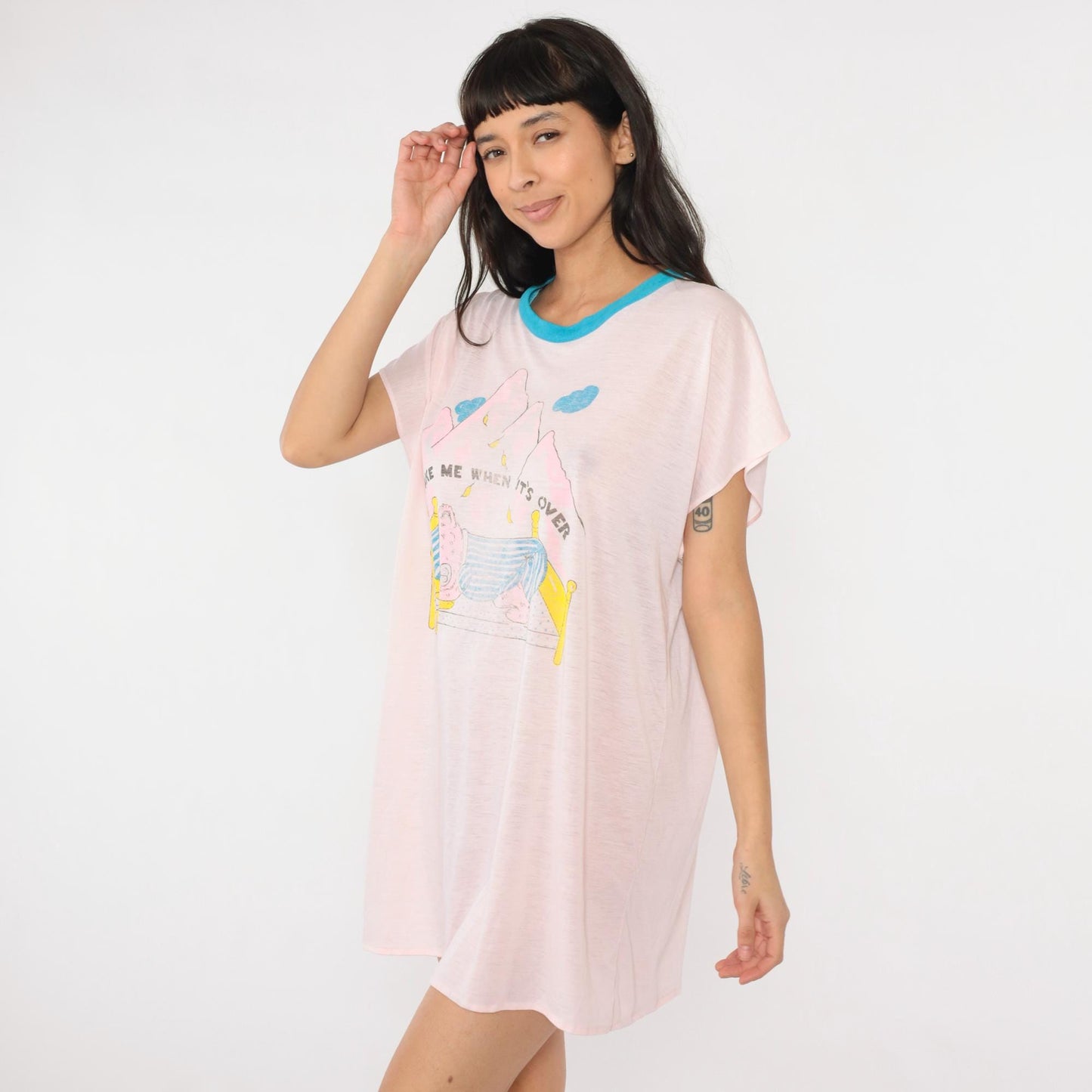 80s Teddy Bear Pajama Dress Wake Me When It's Over Ringer Nightgown Pink Small
