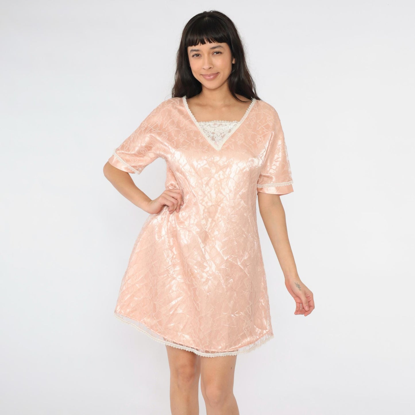 80s Pink Satin Lace Mini Dress Floral Overlay Short Sleeve Medium M