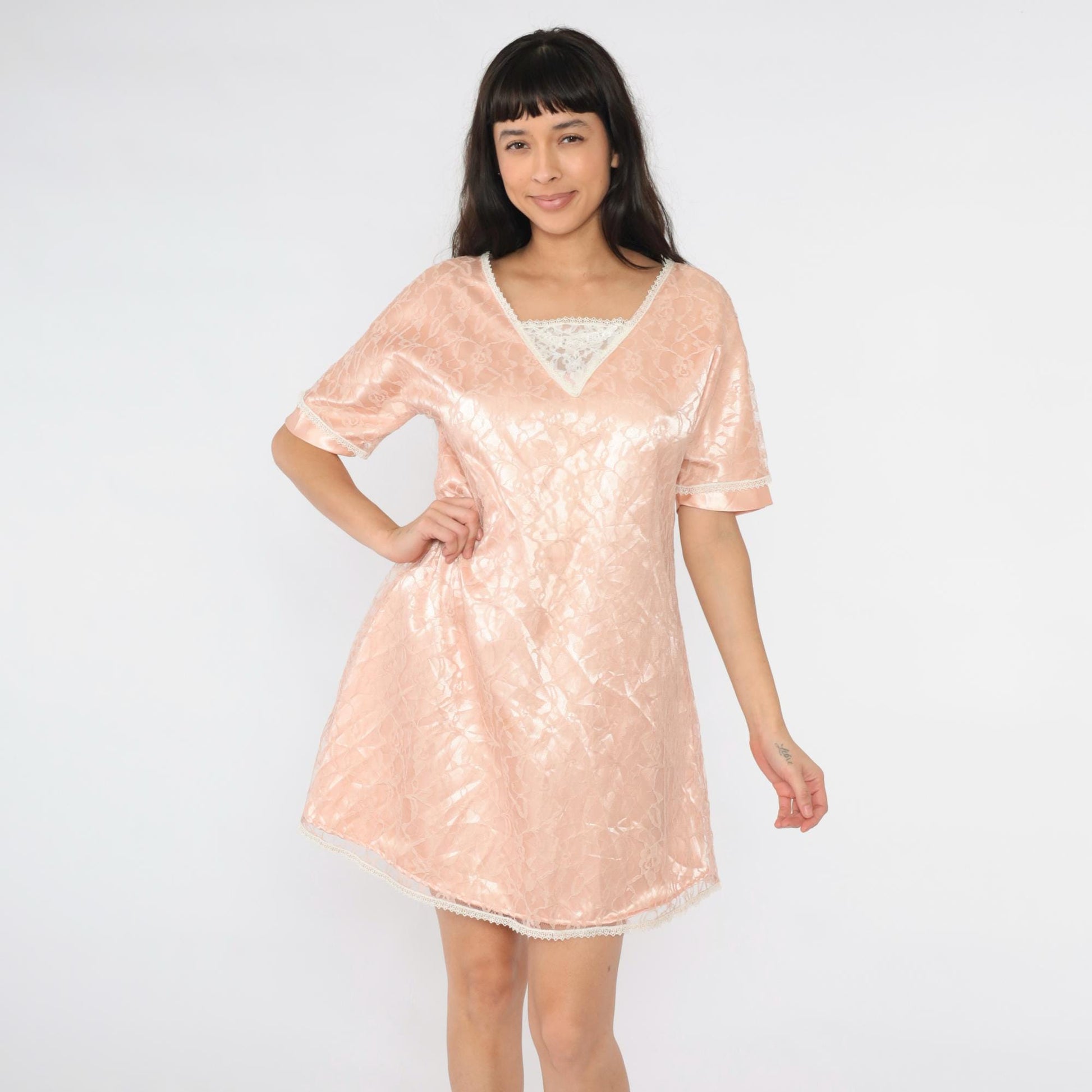 80s Pink Satin Lace Mini Dress Floral Overlay Short Sleeve Medium M