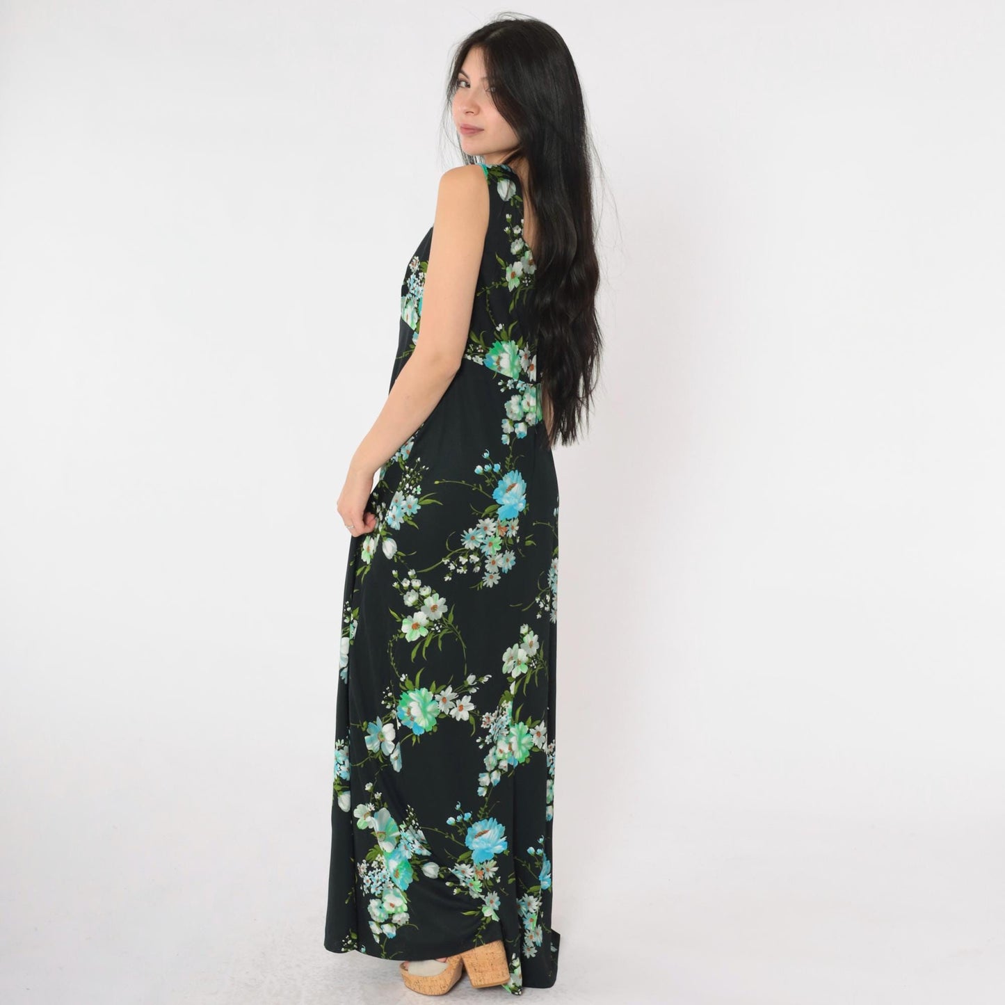 70s Black Floral Maxi Dress Empire Waist Sleeveless Sweetheart Neckline Medium