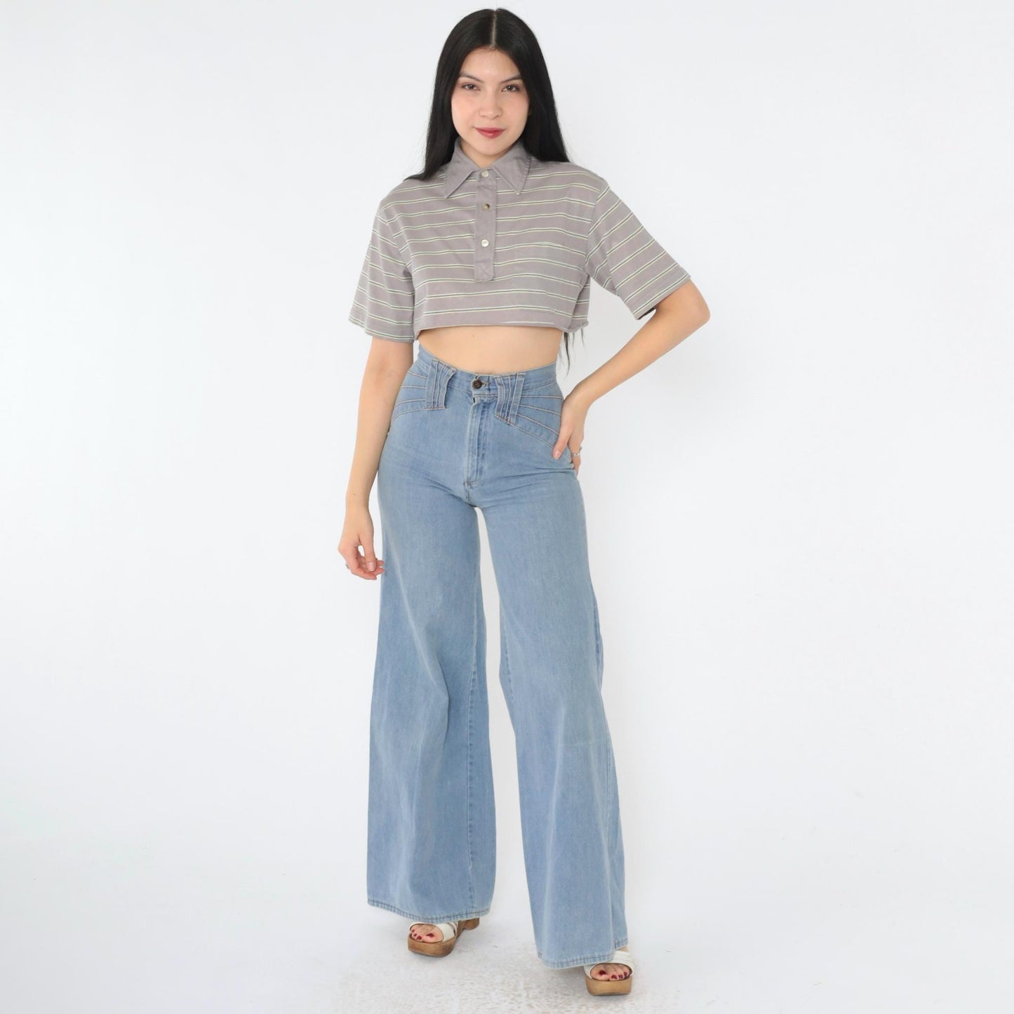 90s Christian Dior Polo Shirt Grey Striped Crop Top Small S