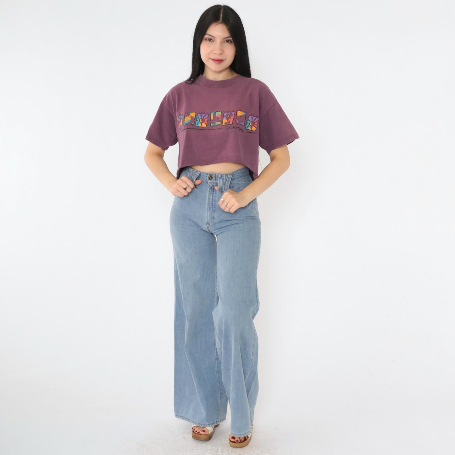 90s Oklahoma Floral Crop Top Burgundy Graphic T-Shirt Medium
