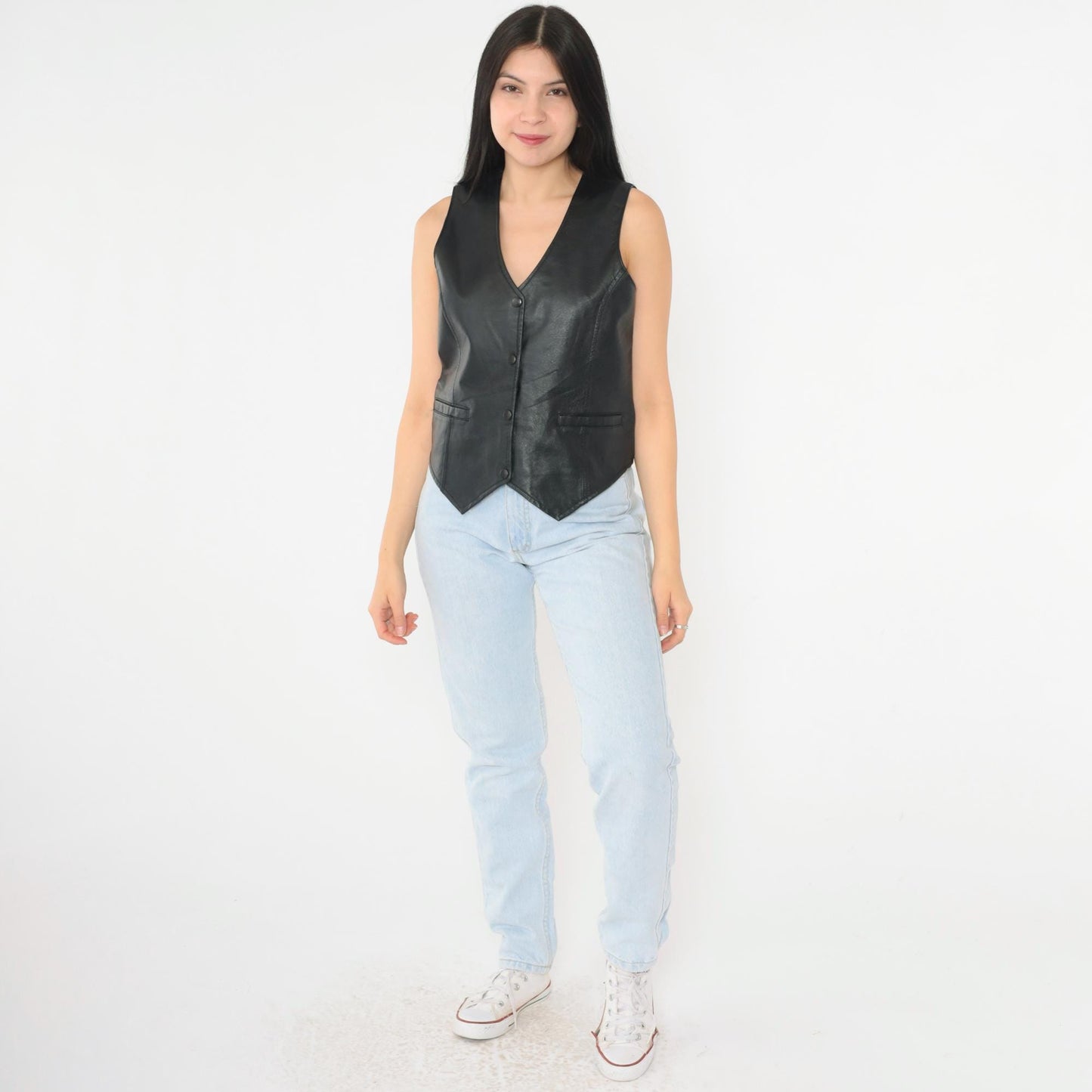 90s Black Leather Vest Snap Button Sleeveless Top Extra Small