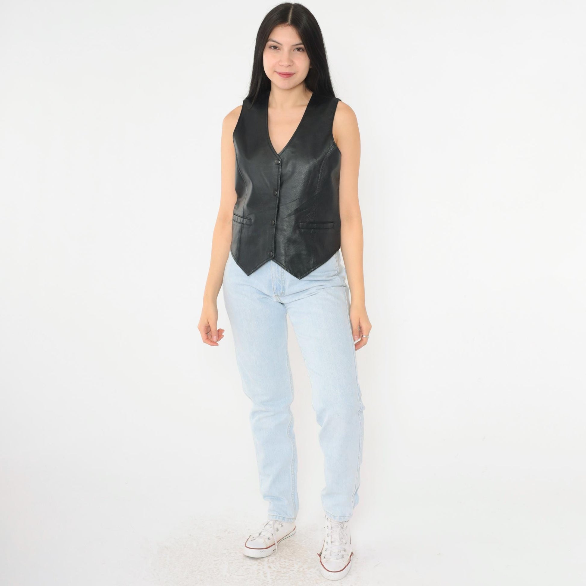 90s Black Leather Vest Snap Button Sleeveless Top Extra Small