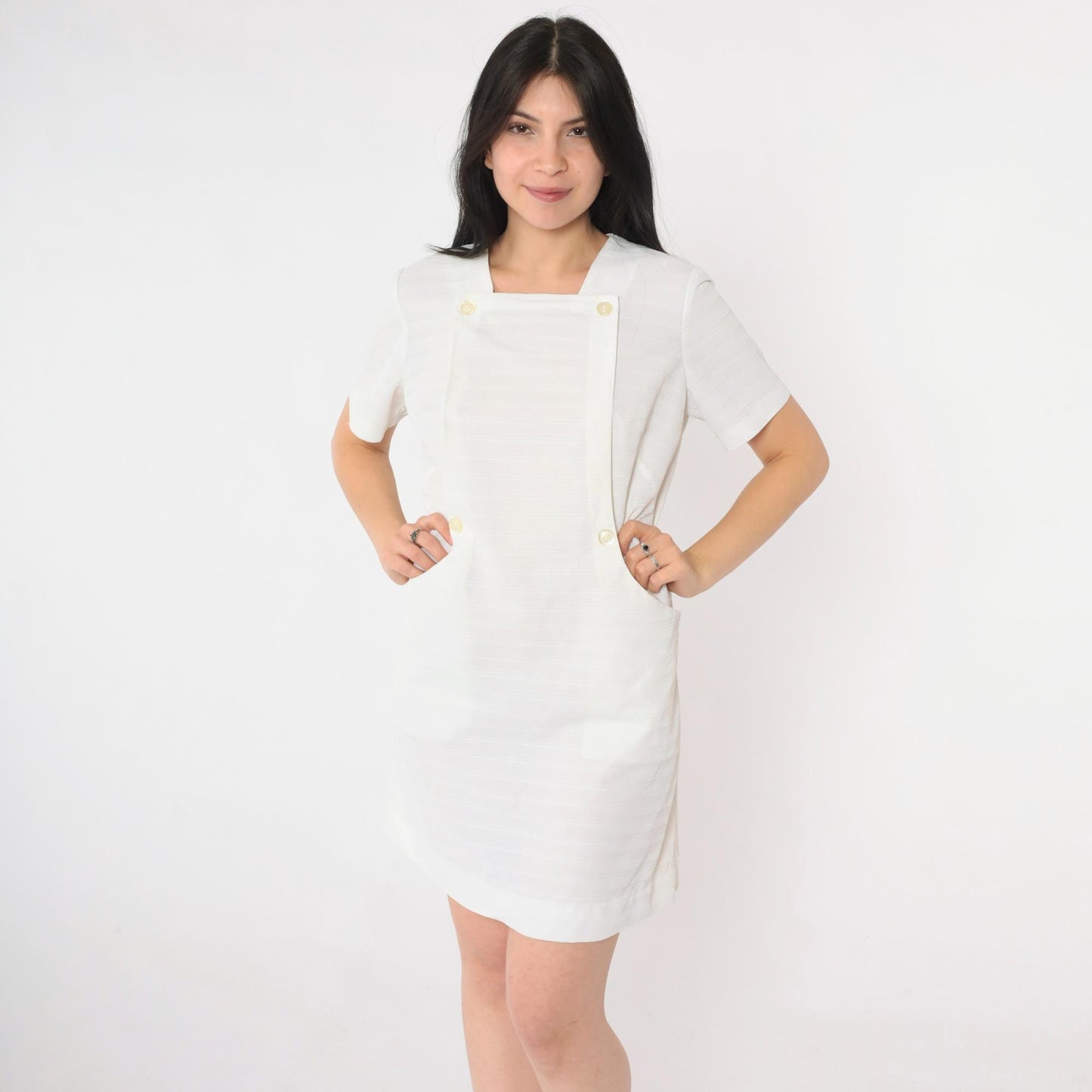60s White Nurse Shift Dress Mini Button-Front Short Sleeve Small