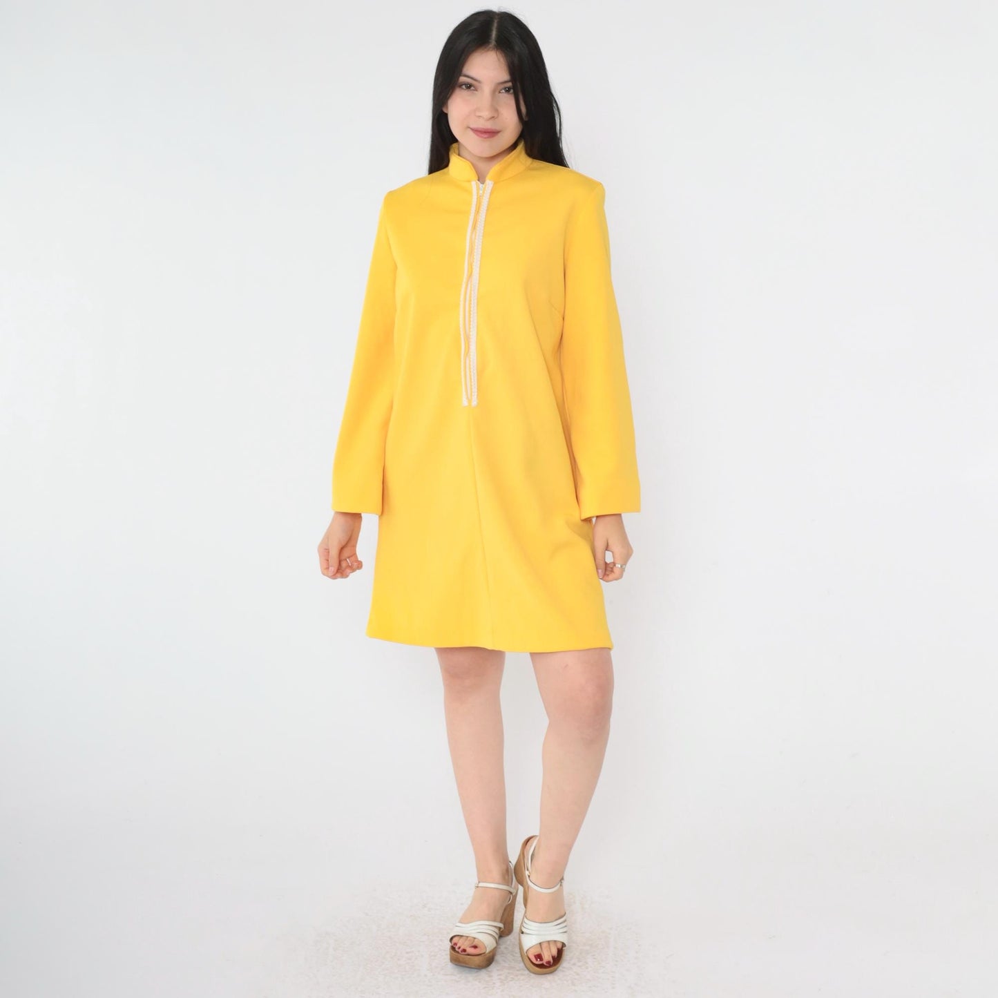 70s Yellow Mod Shift Dress Front Zip Wide Sleeve Mandarin Collar Mini Small