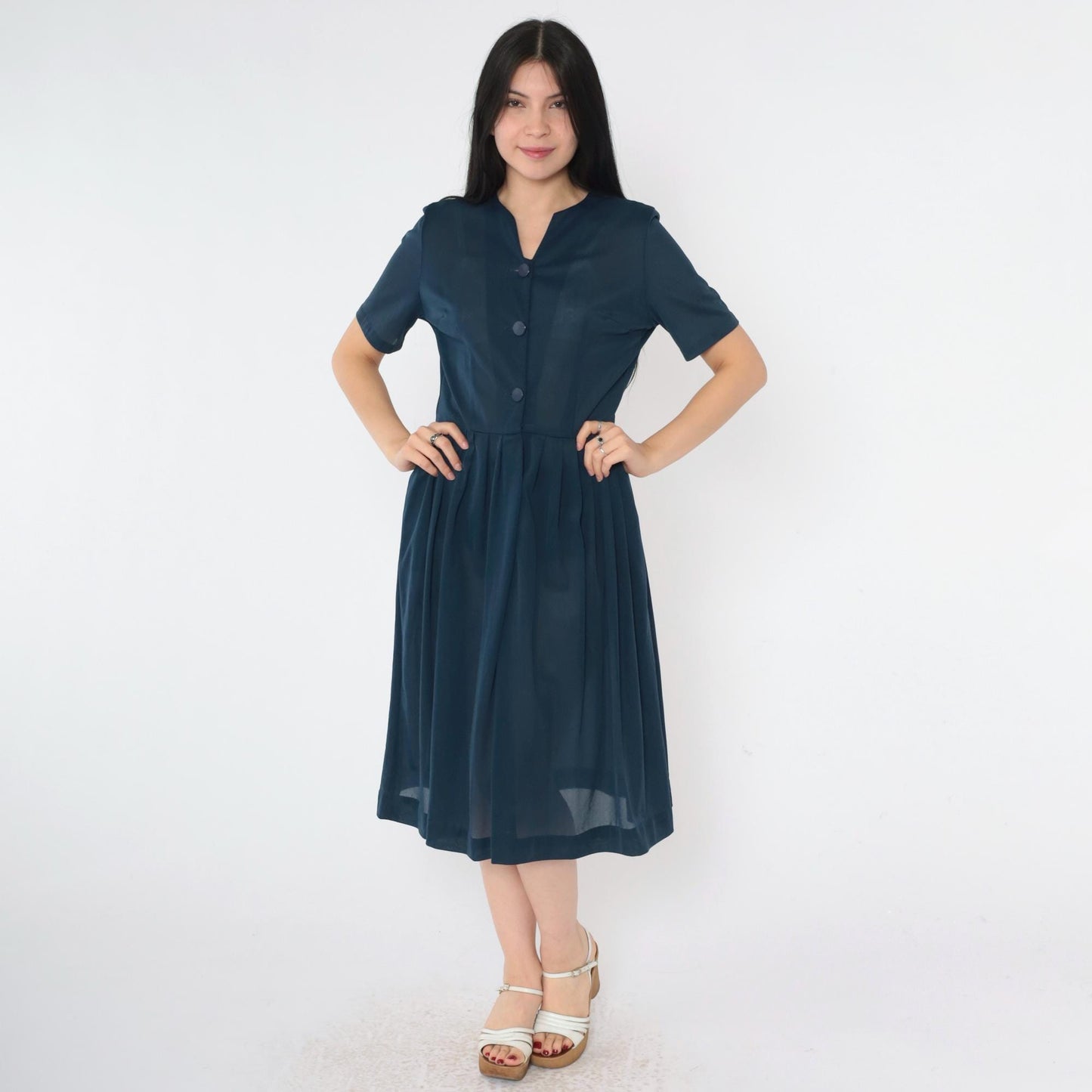 60s Navy Shirtdress Pleated Midi Button-Up High Waist Small