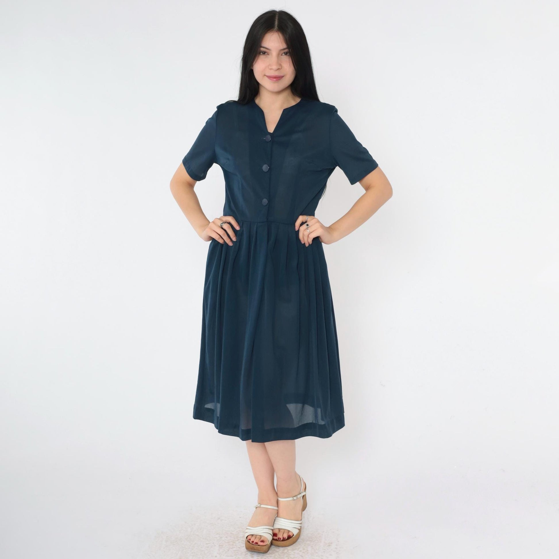 60s Navy Shirtdress Pleated Midi Button-Up High Waist Small