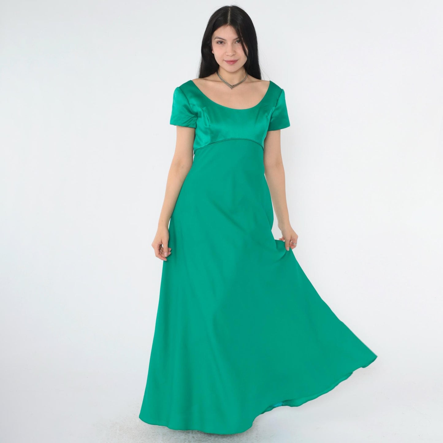 90s Kelly Green Satin Maxi Dress Empire Waist Rosette Low Back Small