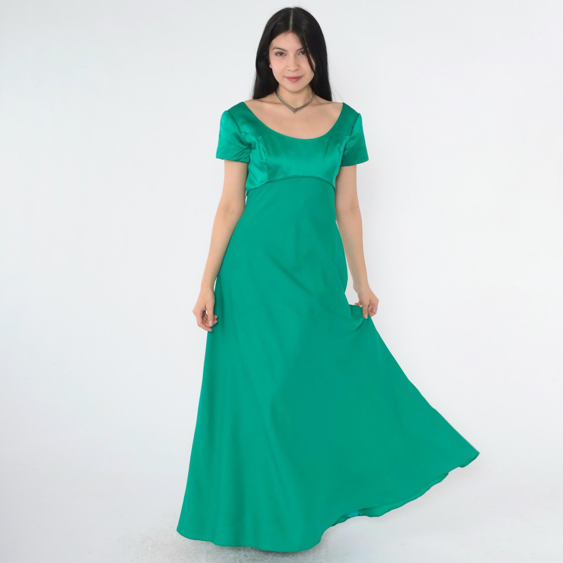 90s Kelly Green Satin Maxi Dress Empire Waist Rosette Low Back Small