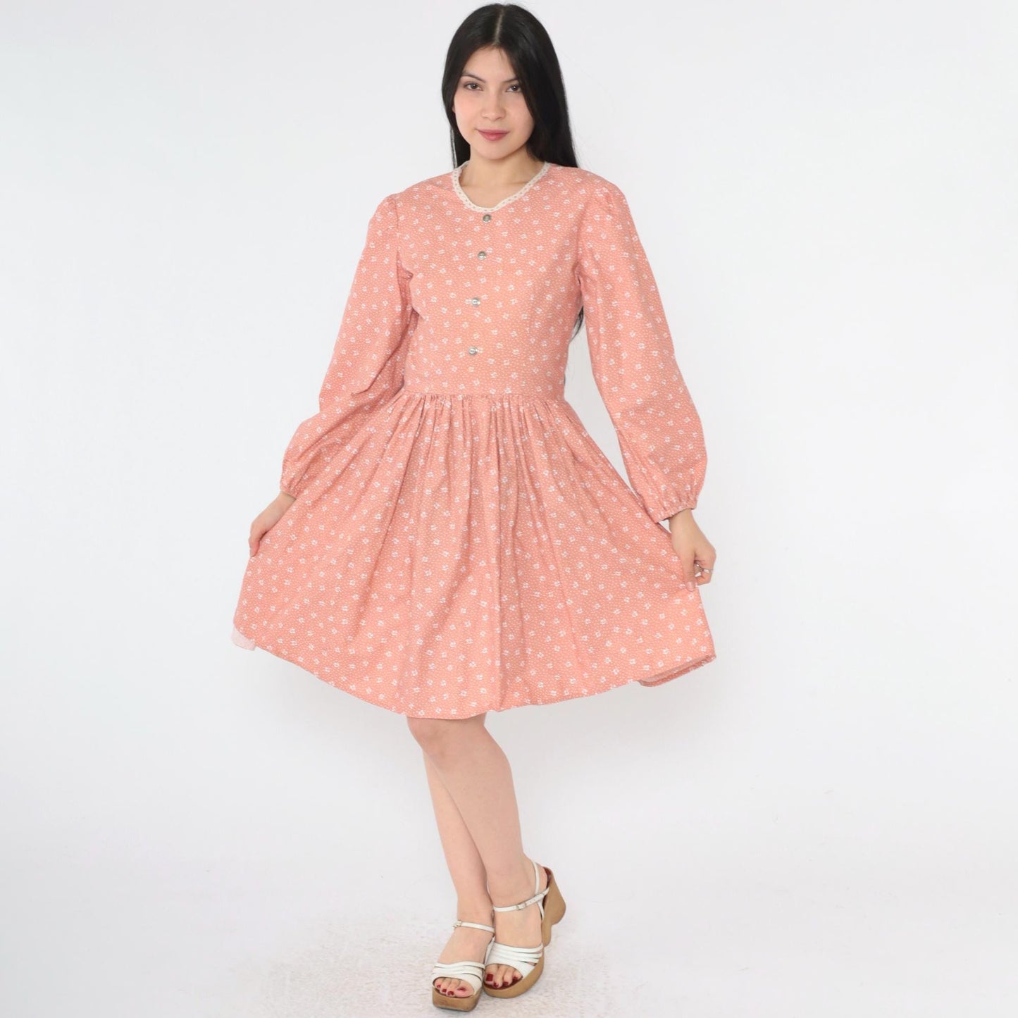 70s Peach Calico Floral Mini Dress Puff Sleeve High Waist Small