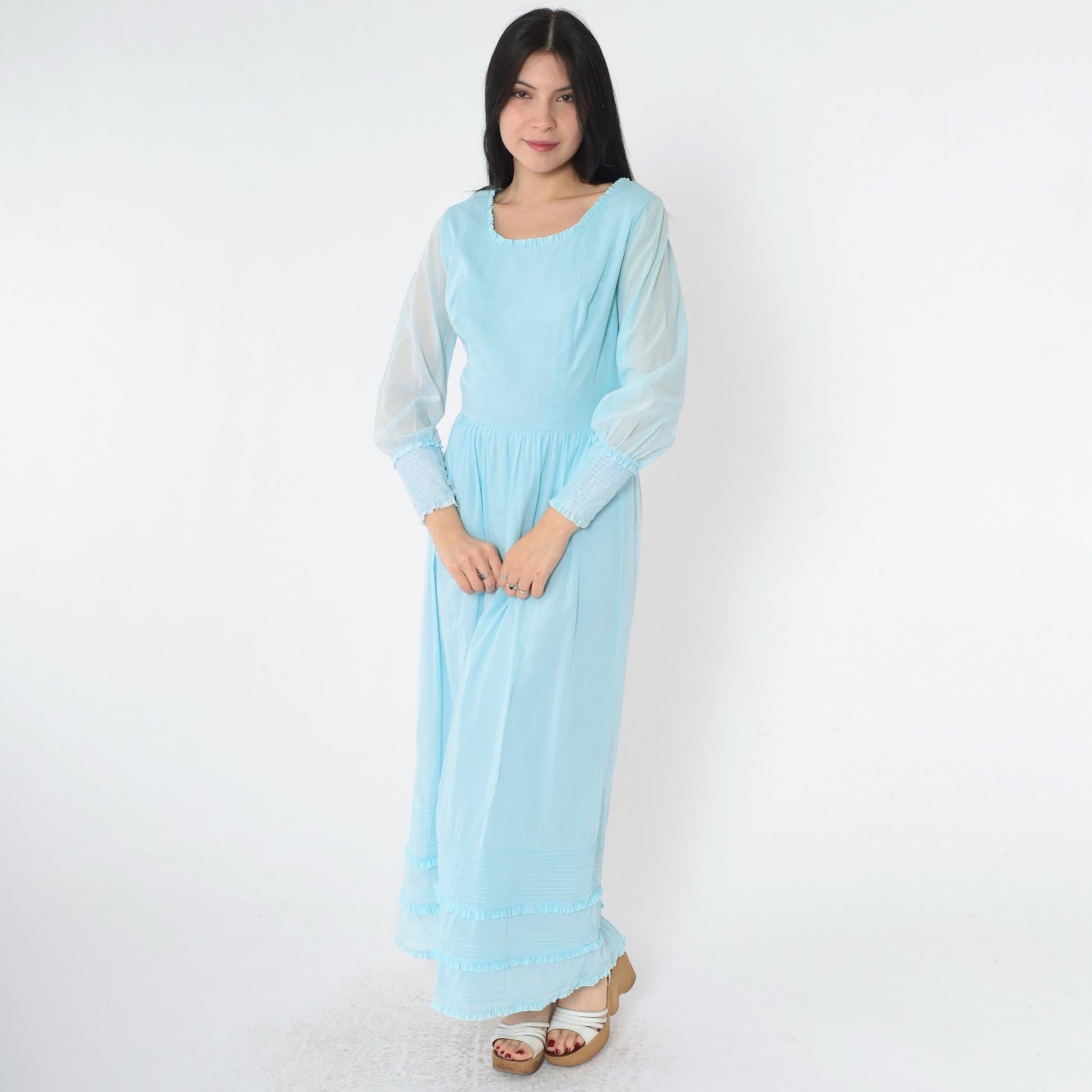 1970s Baby Blue Maxi Dress High Waist Scoop Neck Long Sleeve Ruffled Small
