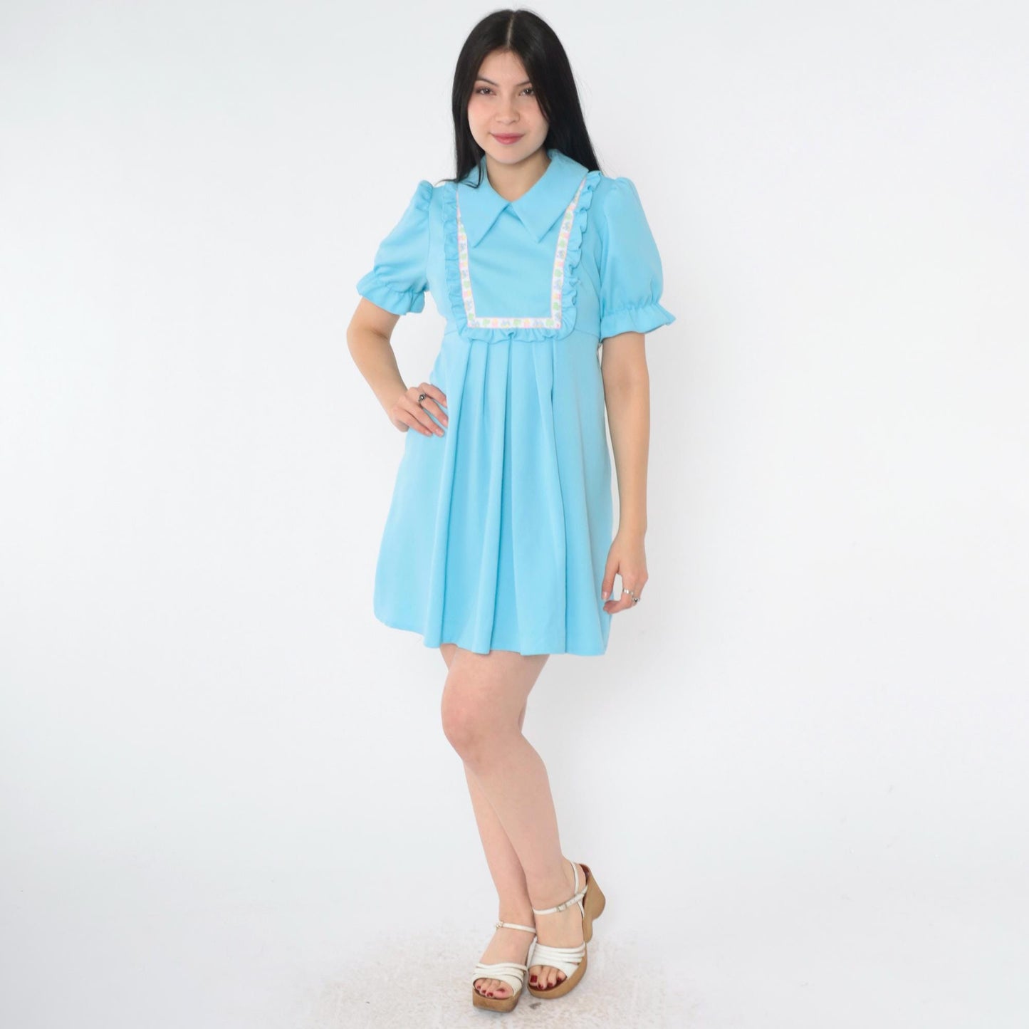 1970s Babydoll Mini Dress Empire Waist Puff Sleeve Blue Embroidered Bib Small