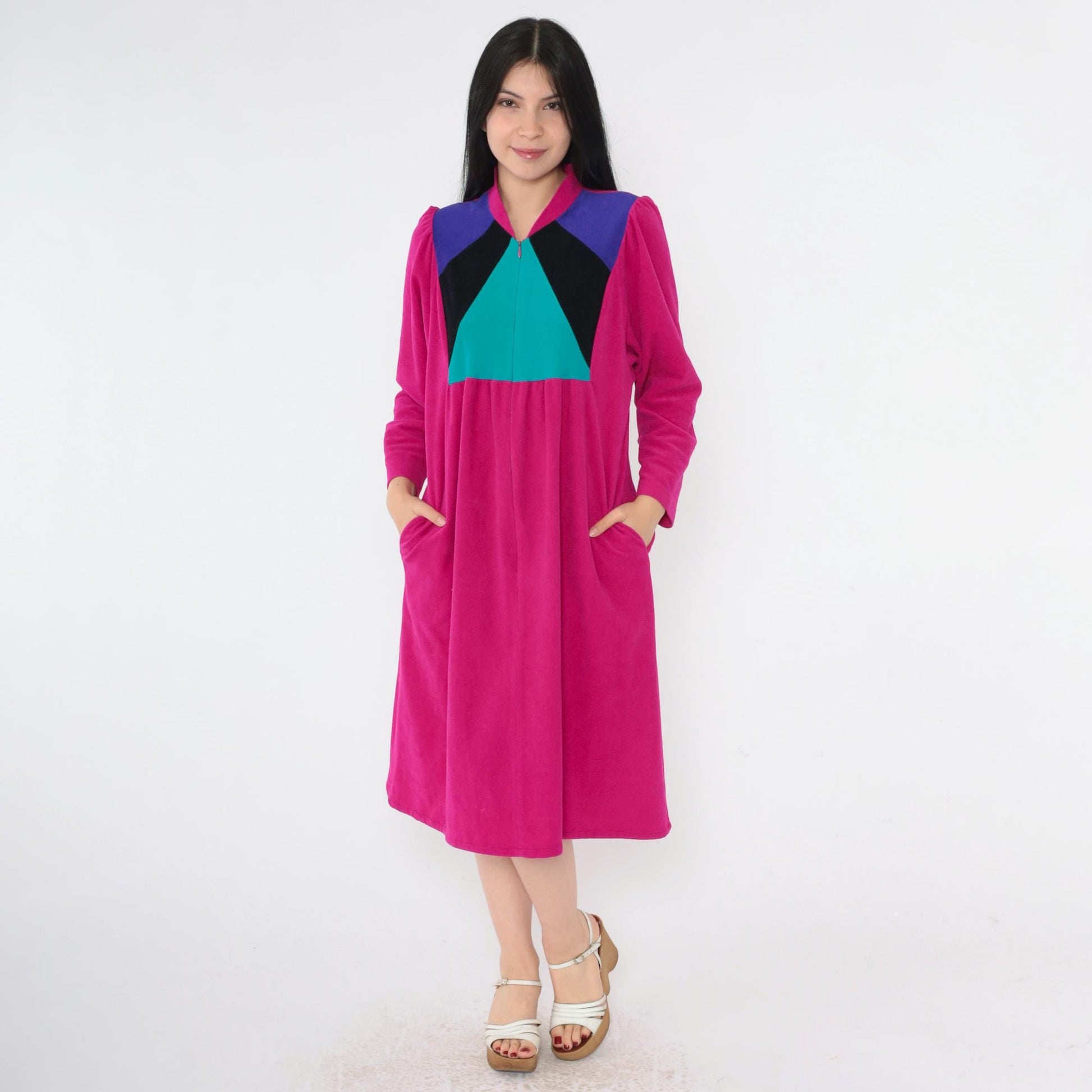 80s Vassarette Velour Lounge Dress Fuchsia Color Block Midi Zip Front Medium M
