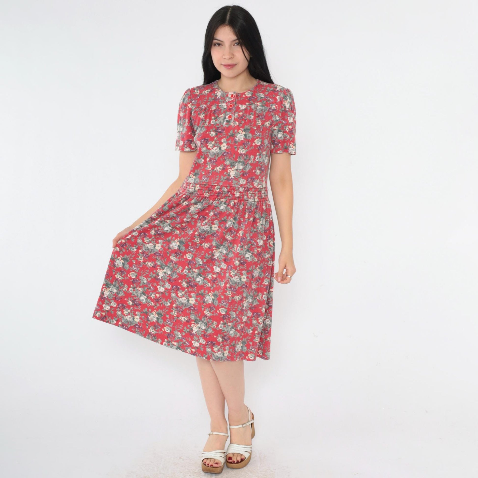 80s Red Floral Midi Dress Puff Sleeve Smocked Waist Extra Small