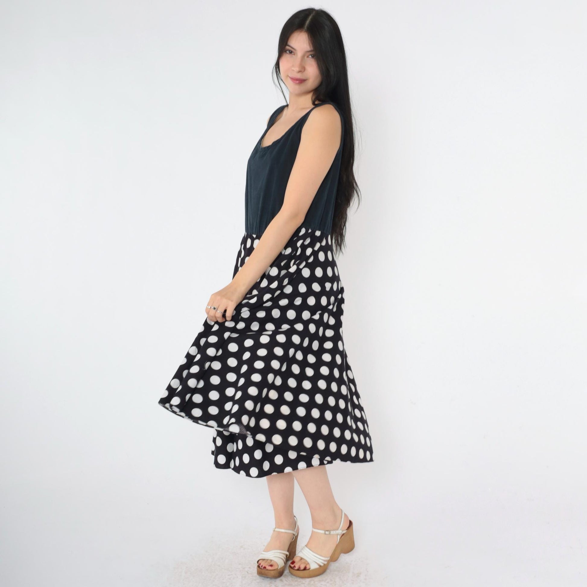 80s Black Polka Dot Midi Dress Sleeveless High Waist Scoop Neck Small