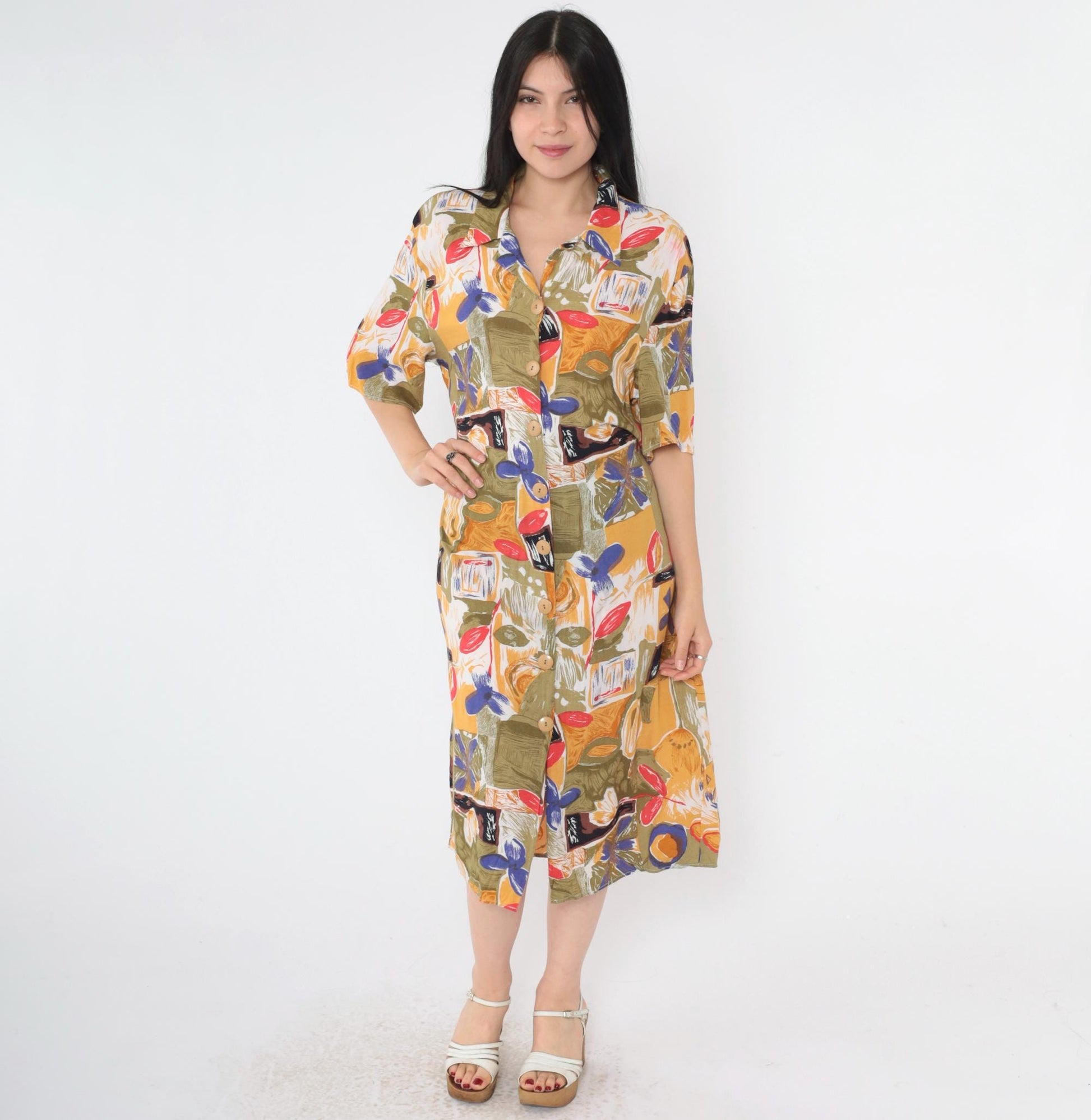 90s Abstract Floral Midi Shirt Dress Button Up Rayon Olive Green Yellow Large