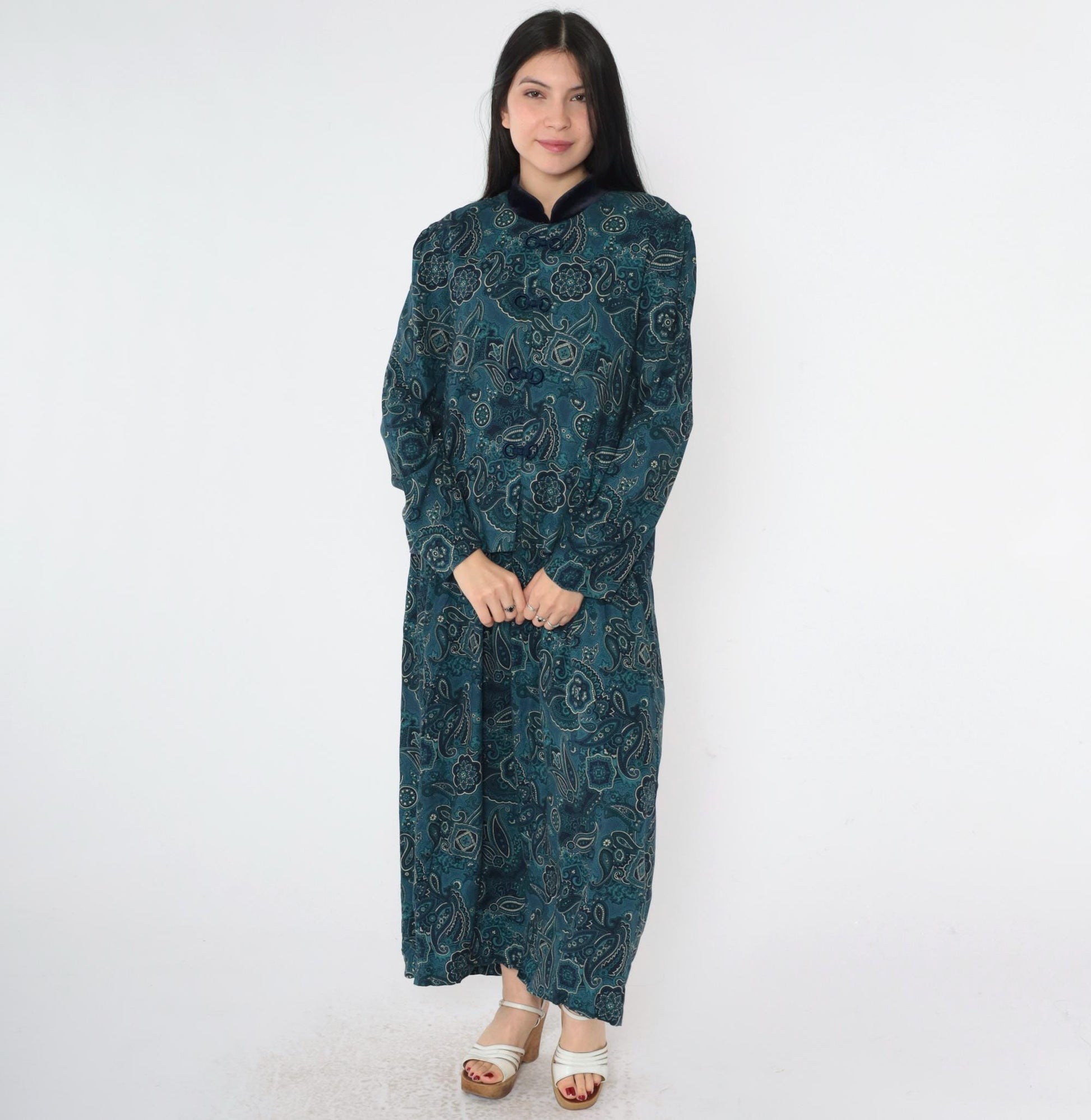 90s Blue Paisley Mandarin Collar Maxi Dress Puff Sleeve Frog Closure Medium Large