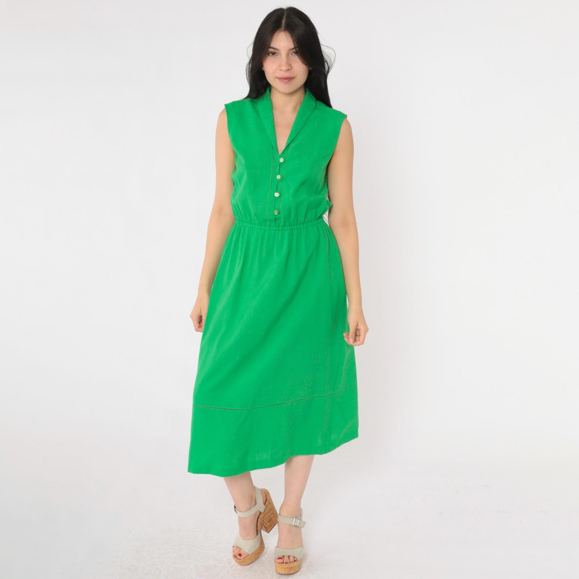 80s Green Linen Midi Dress Collared Button-Up Eyelet Cutwork Small