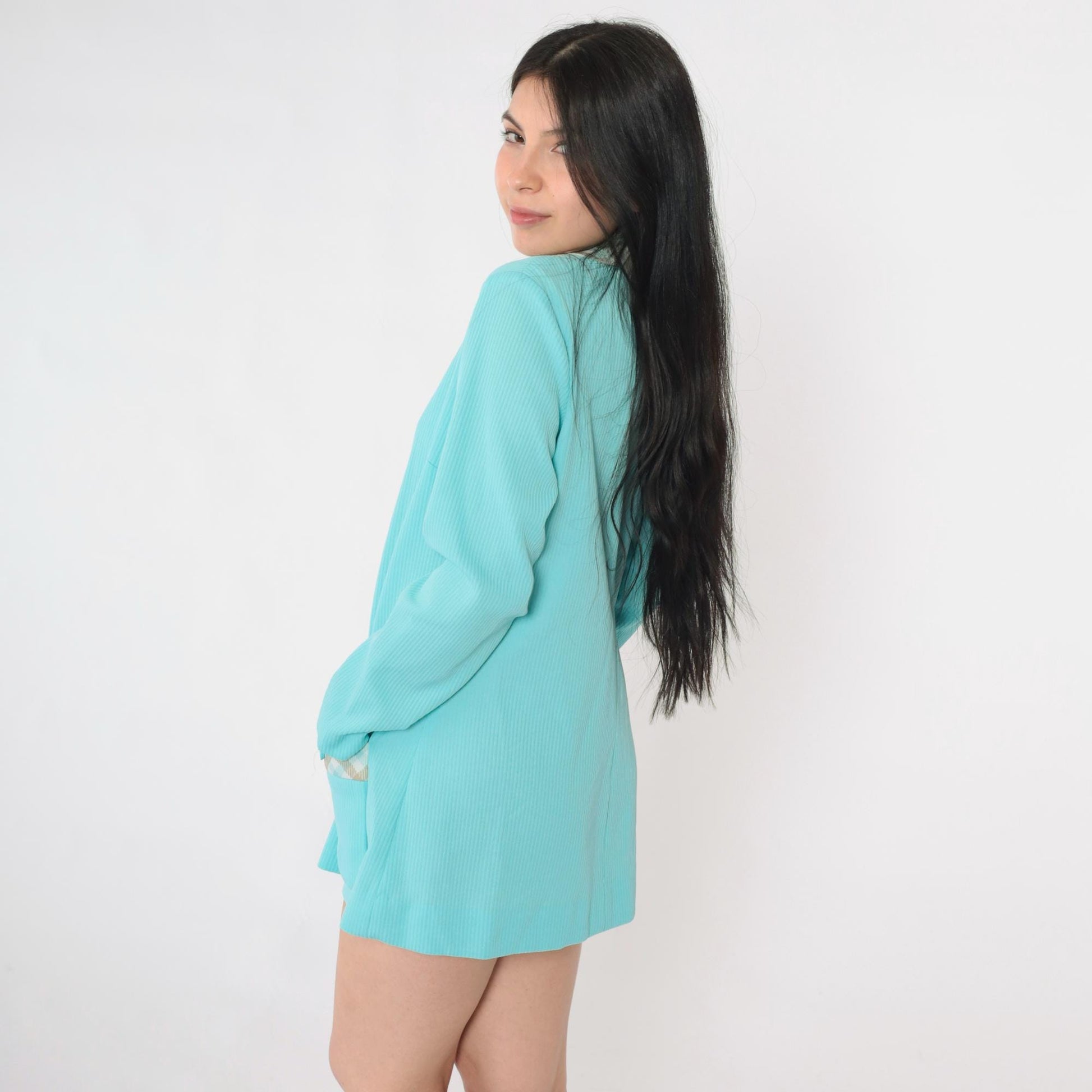 70s Aqua Blue Checkered Collar Blazer Button-Up Jacket Medium