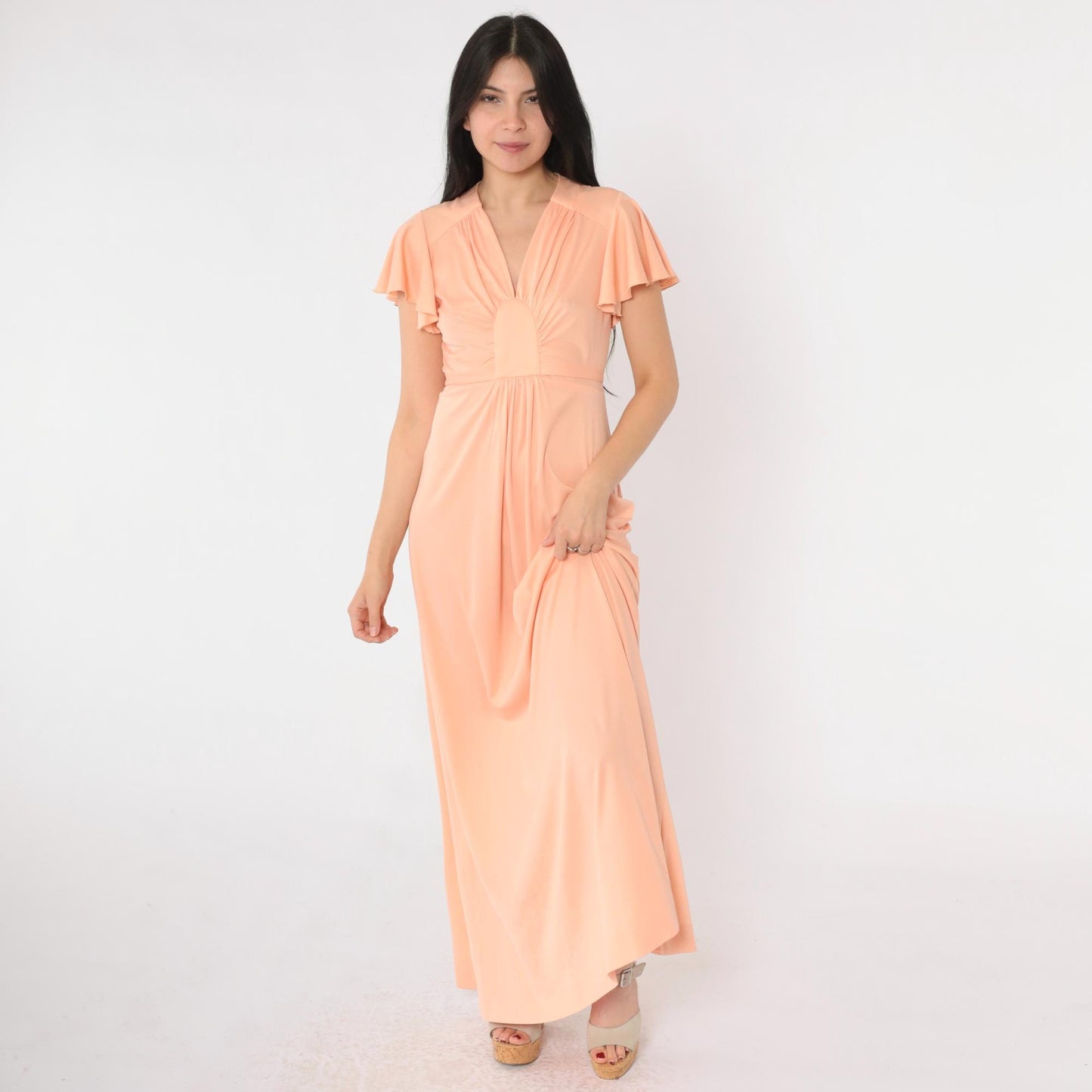 70s Peach Grecian Maxi Dress Flutter Sleeve V-Neck High Waist Small