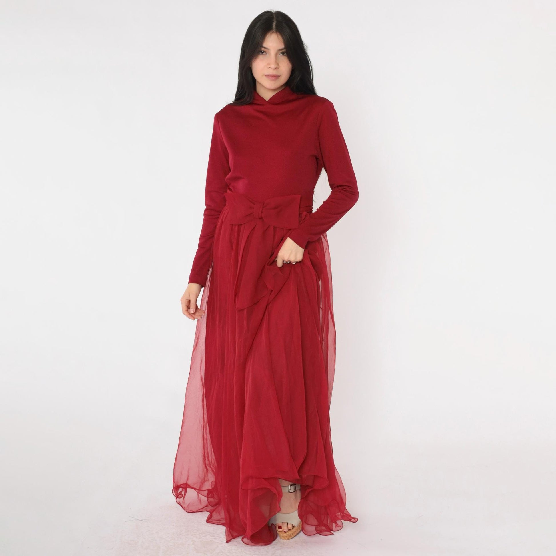 70s Burgundy Chiffon Maxi Dress Bow Waist Long Sleeve Small