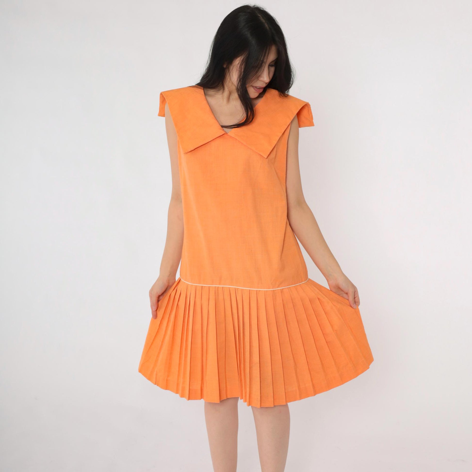 60s Mod Scooter Dress Orange Sailor Collar Drop Waist Pleated Knee Small
