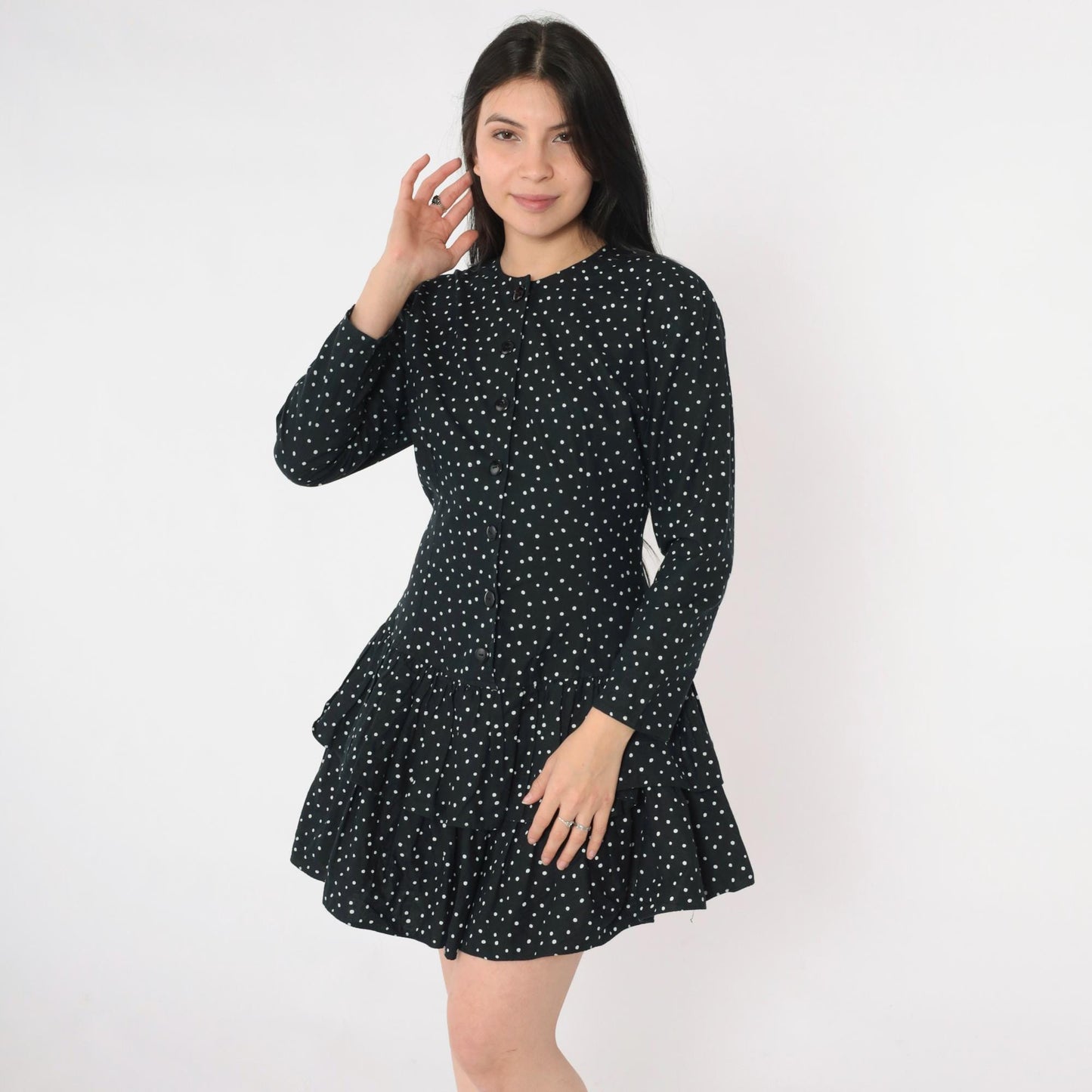 80s Black Polka Dot Mini Dress Button-Up Long Sleeve Tiered Ruffle Small