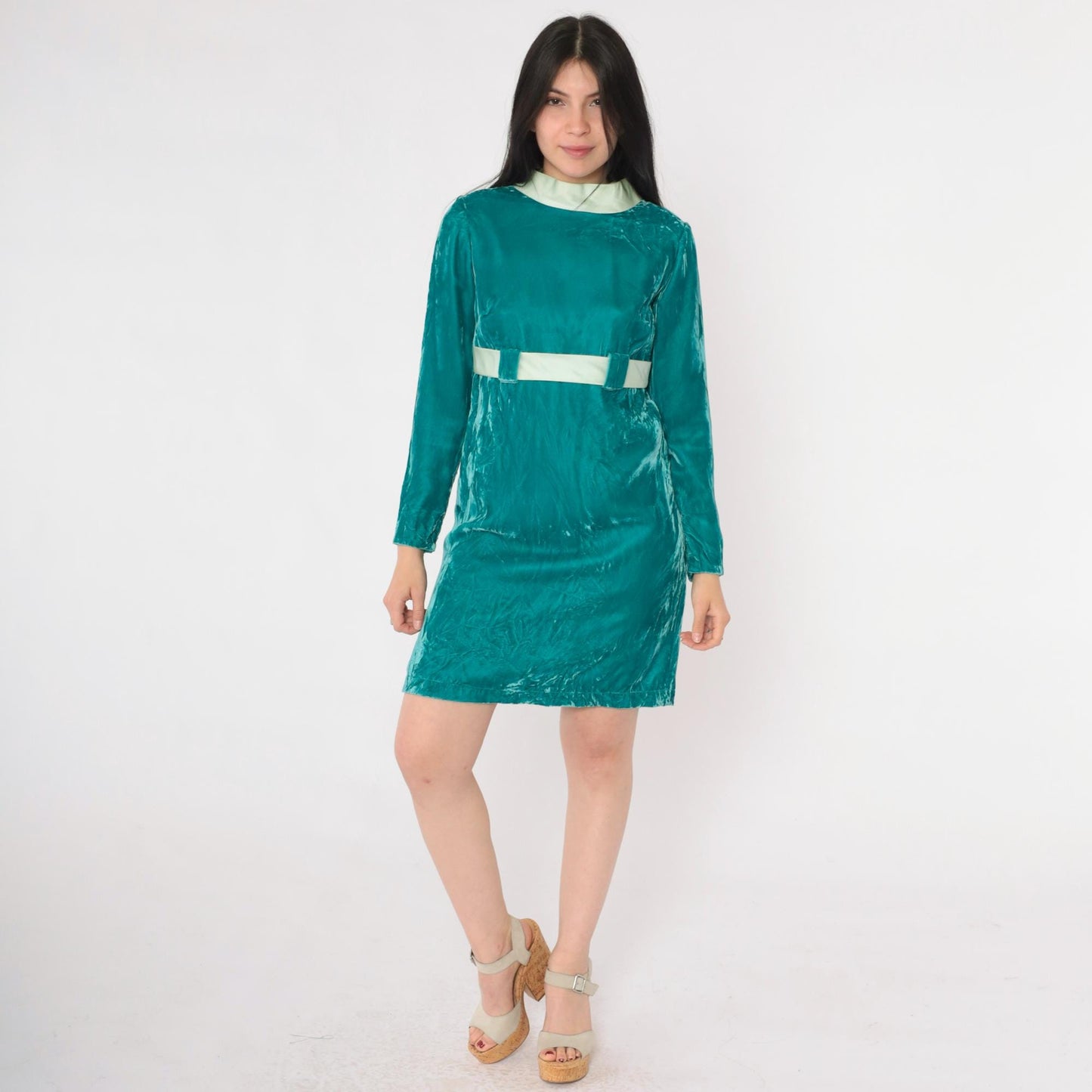 60s Teal Velvet Mini Dress Long Sleeve Empire Waist Bow Small