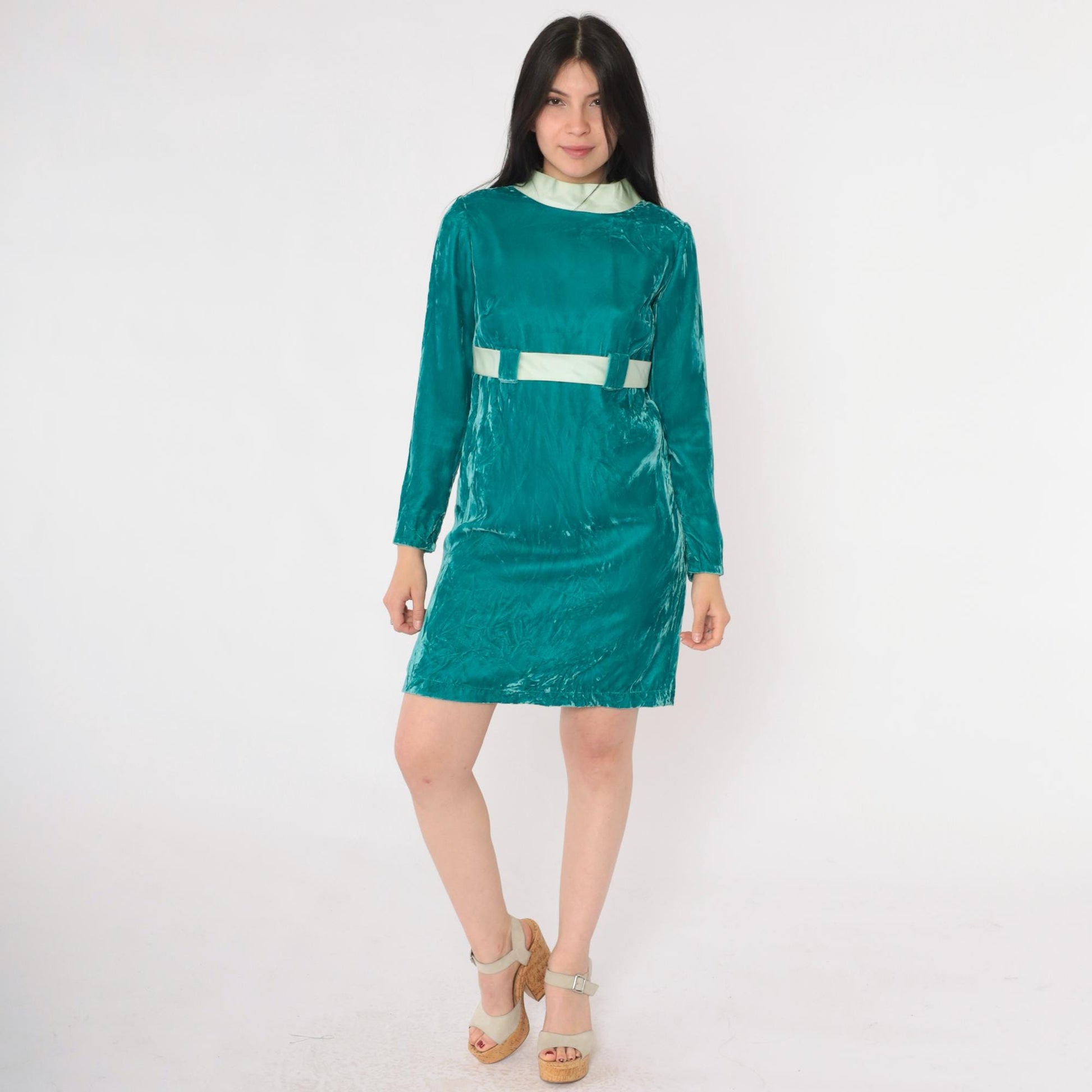 60s Teal Velvet Mini Dress Long Sleeve Empire Waist Bow Small