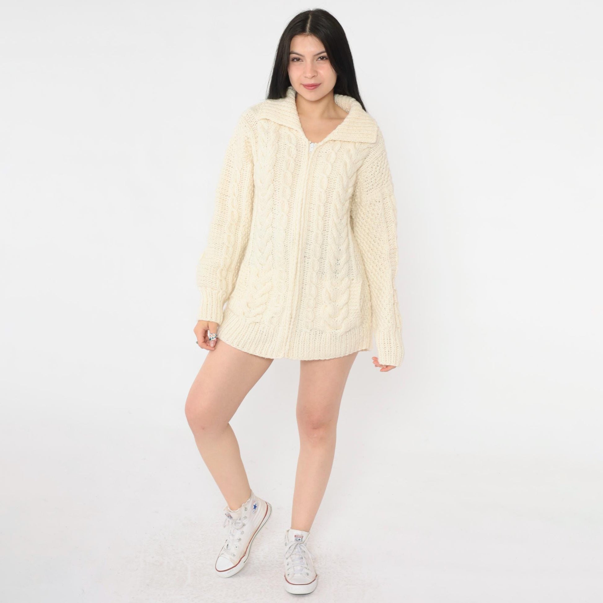 90s Cable Knit Zip Cardigan Cream Wool Sweater Medium M
