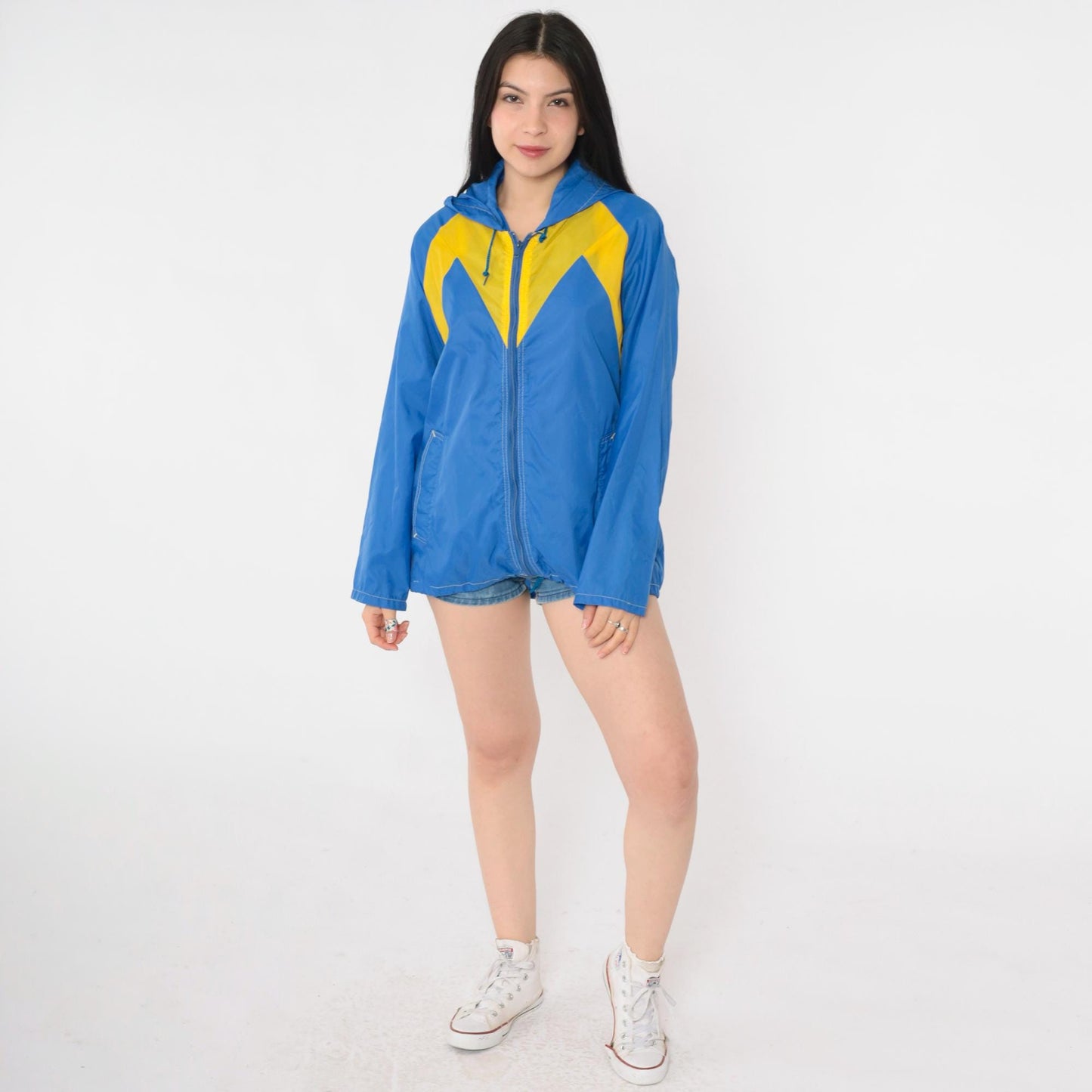 80s Blue Yellow Color Block Windbreaker Hooded Zip Jacket Medium
