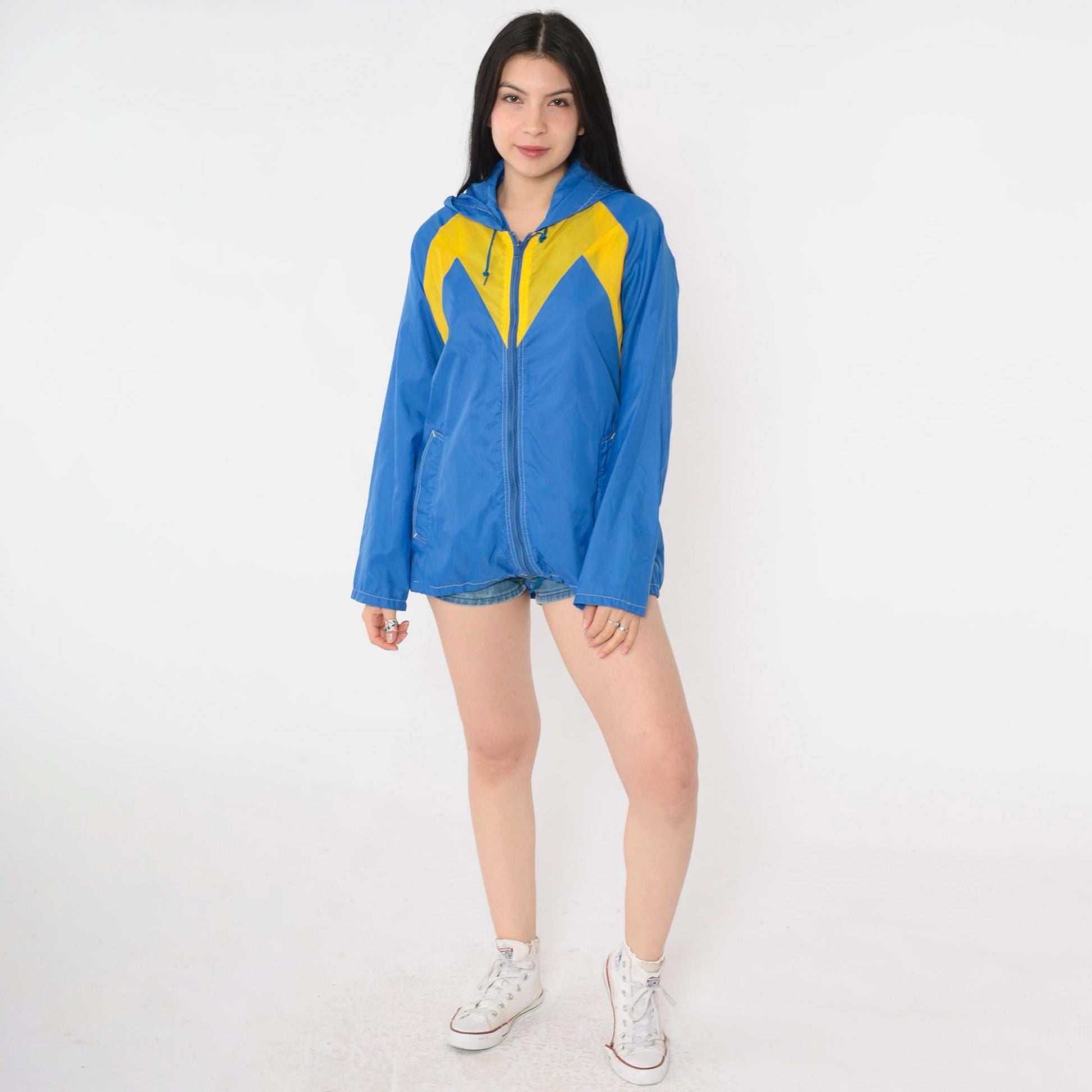 80s Blue Yellow Color Block Windbreaker Hooded Zip Jacket Medium