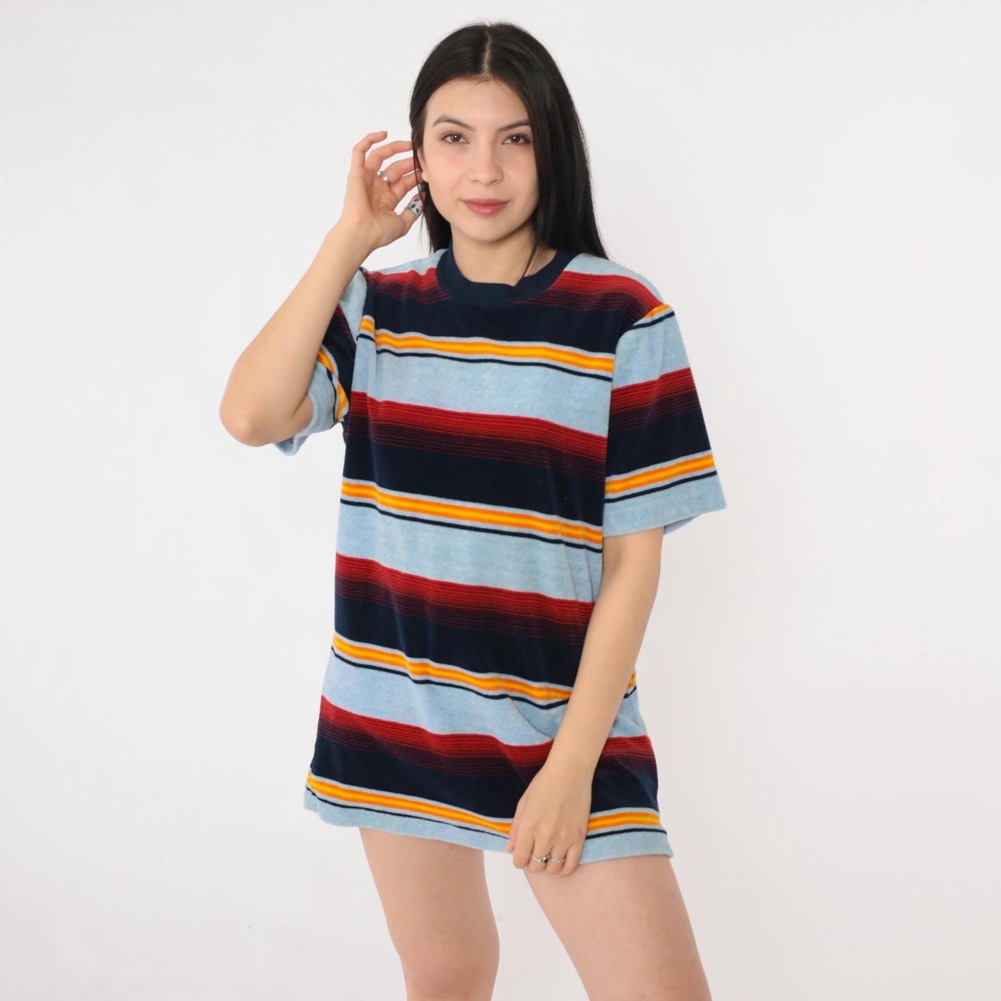 80s Baby Blue Velour Ringer Tee Multicolor Striped Crewneck Medium M