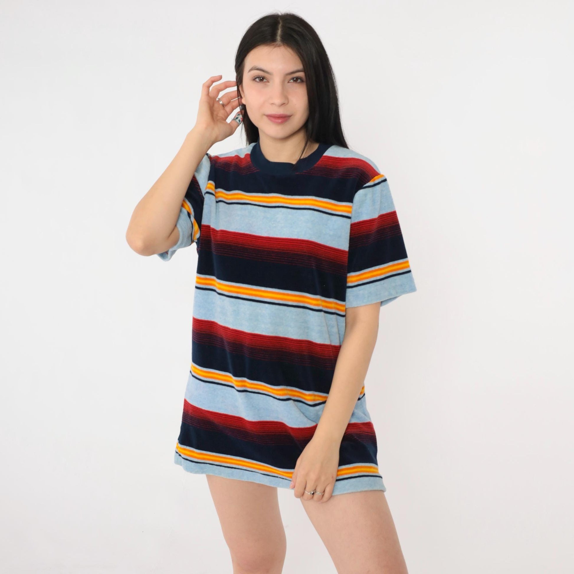 80s Baby Blue Velour Ringer Tee Multicolor Striped Crewneck Medium M