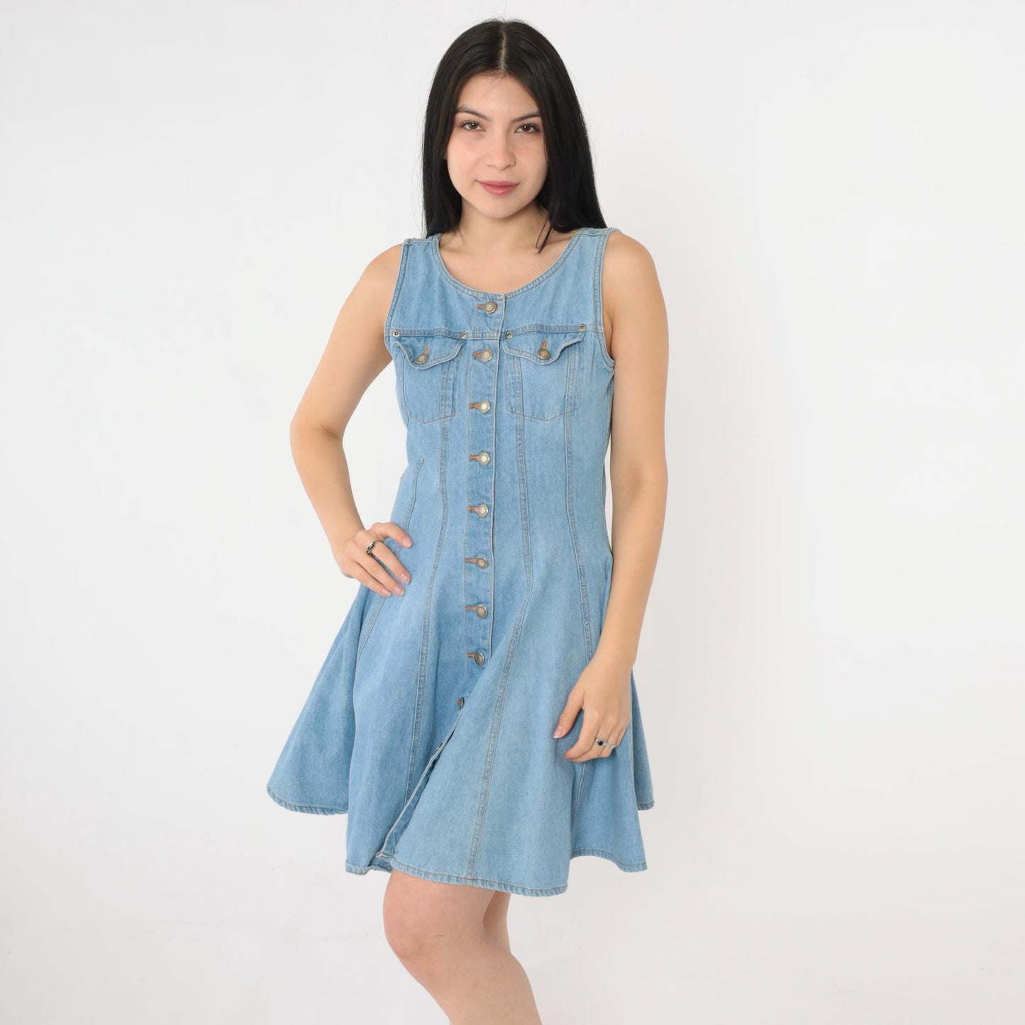 90s County Seat Denim Mini Dress Blue Button-Up Sleeveless Small S