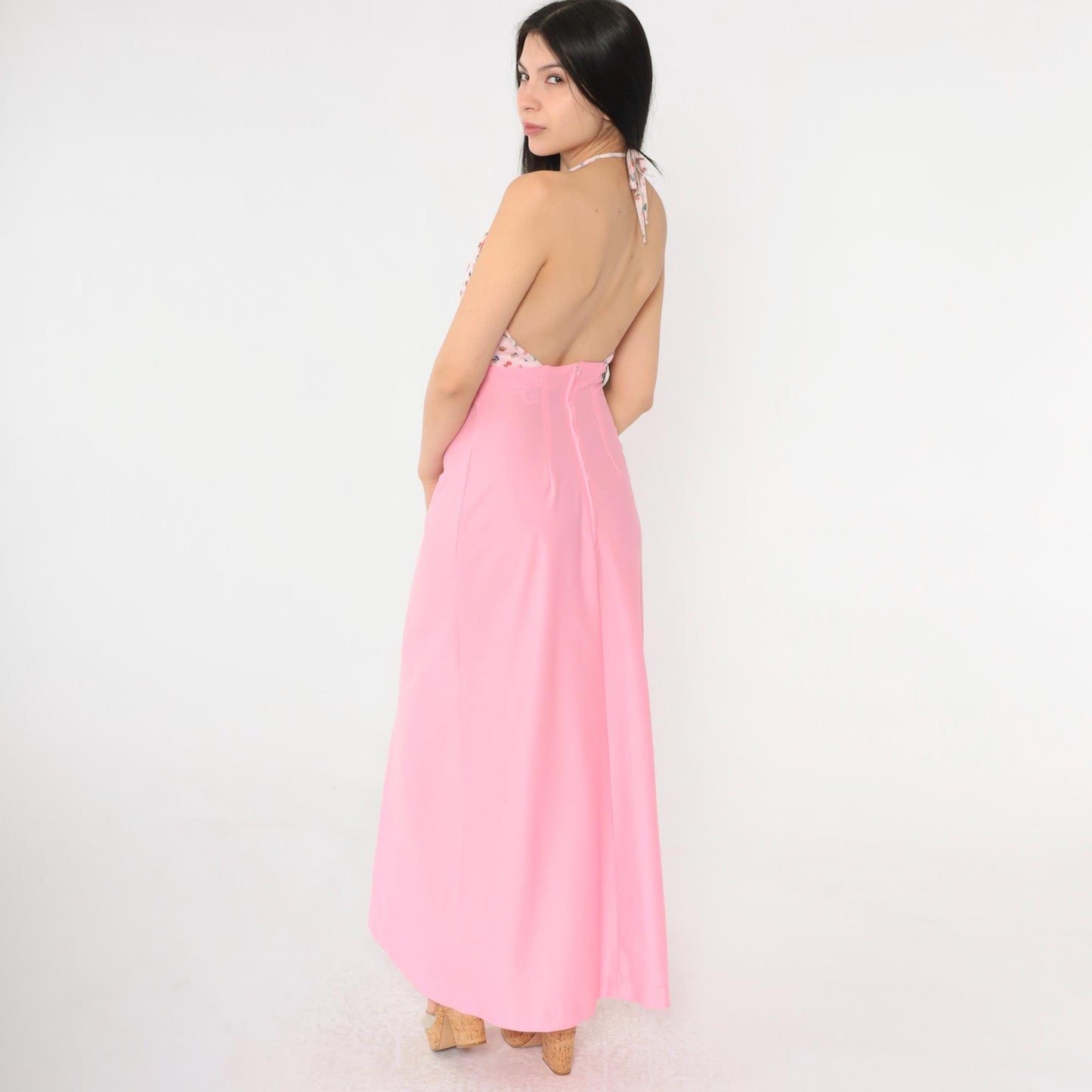 70s Pink Floral Halter Maxi Dress Empire Waist Open Back Extra Small