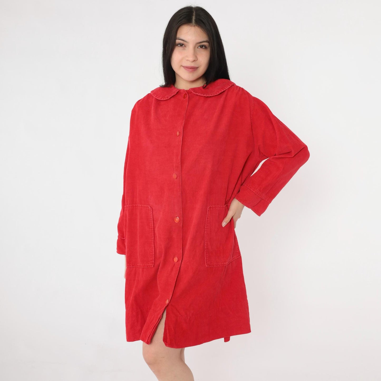 60s Red Corduroy Mini Dress Peter Pan Collar Button Front Shift Medium