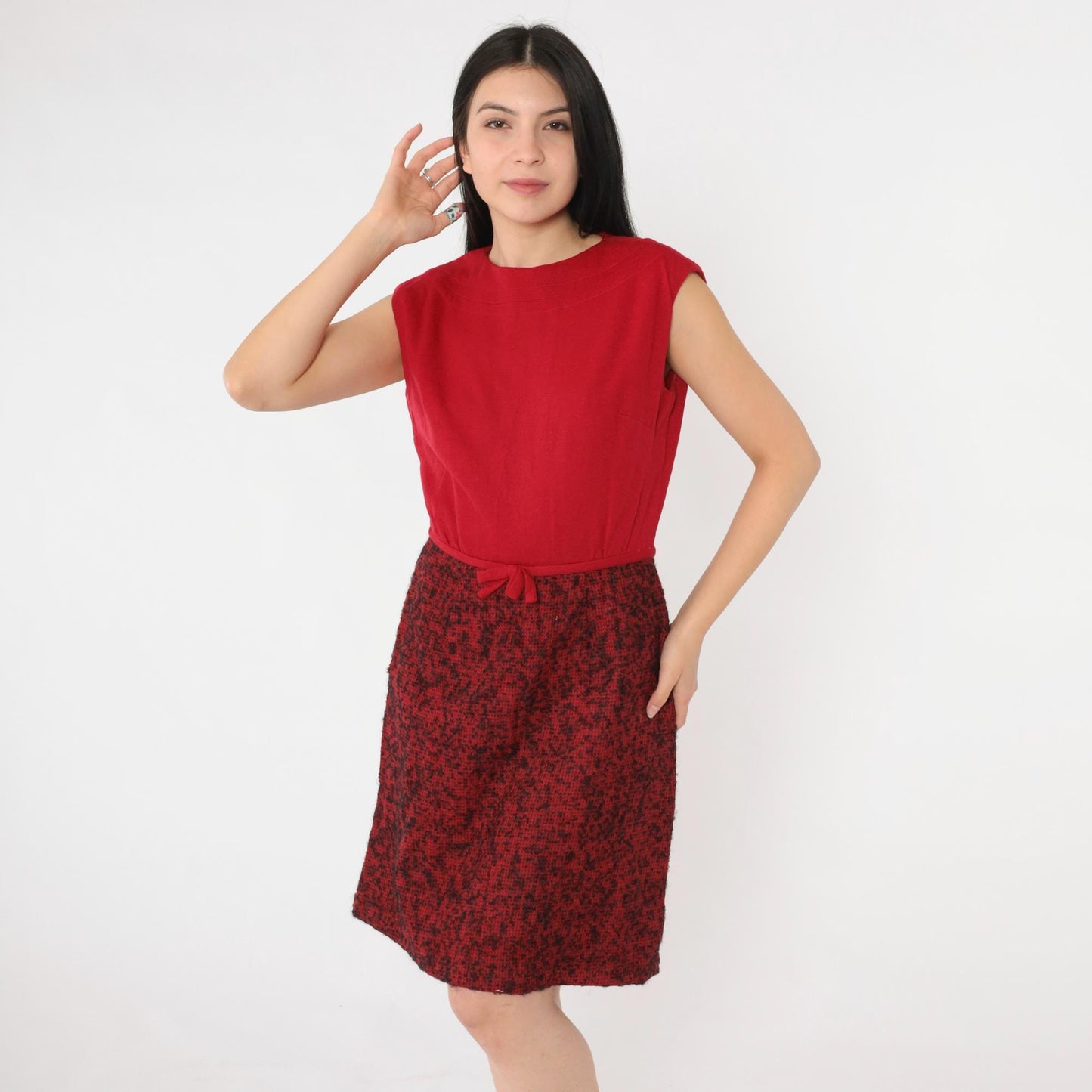 60s Peck & Peck Wool Mini Dress Red Abstract Print Bow Detail Small