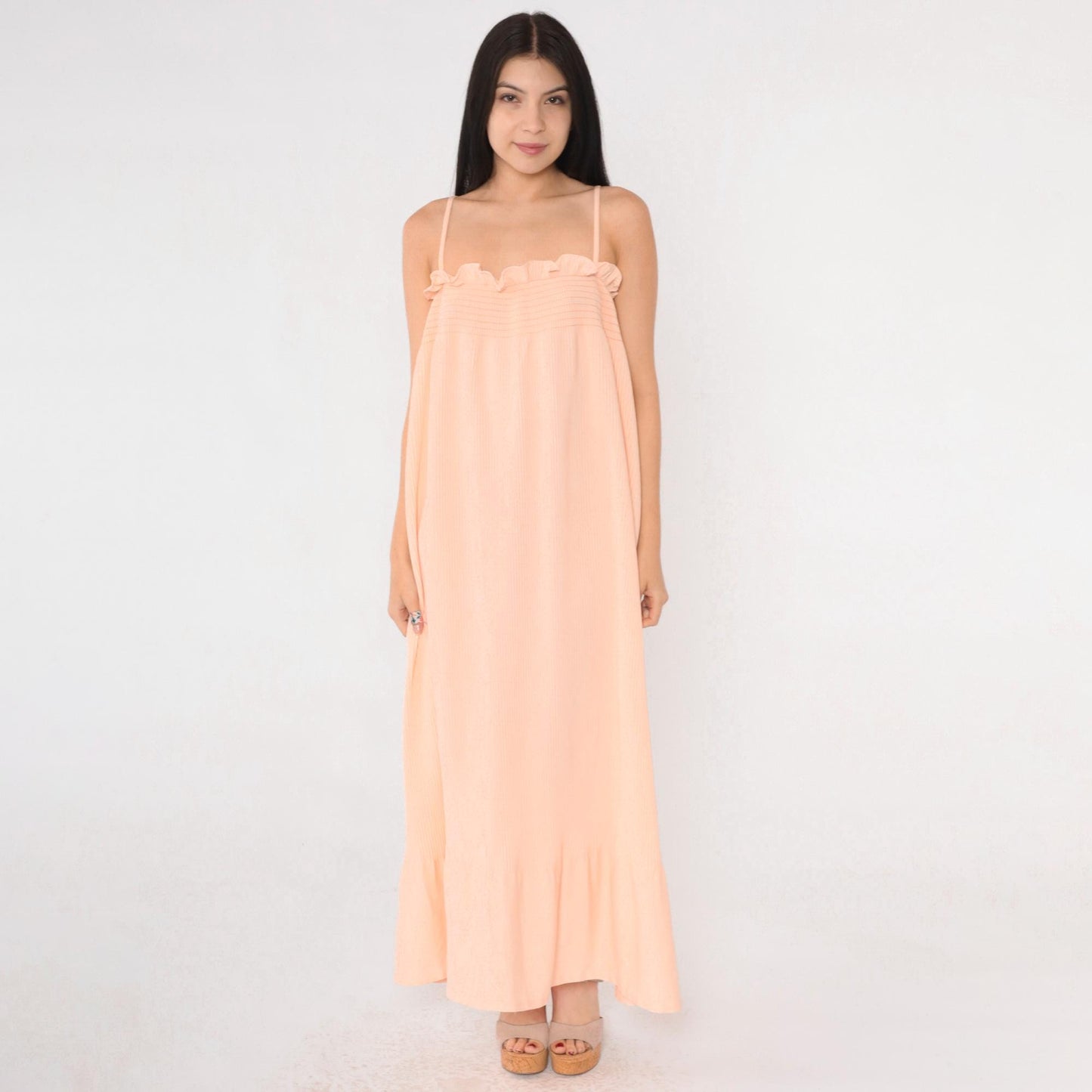 70s Peach Maxi Sundress Smocked Knife Pleated Spaghetti Strap Small Medium