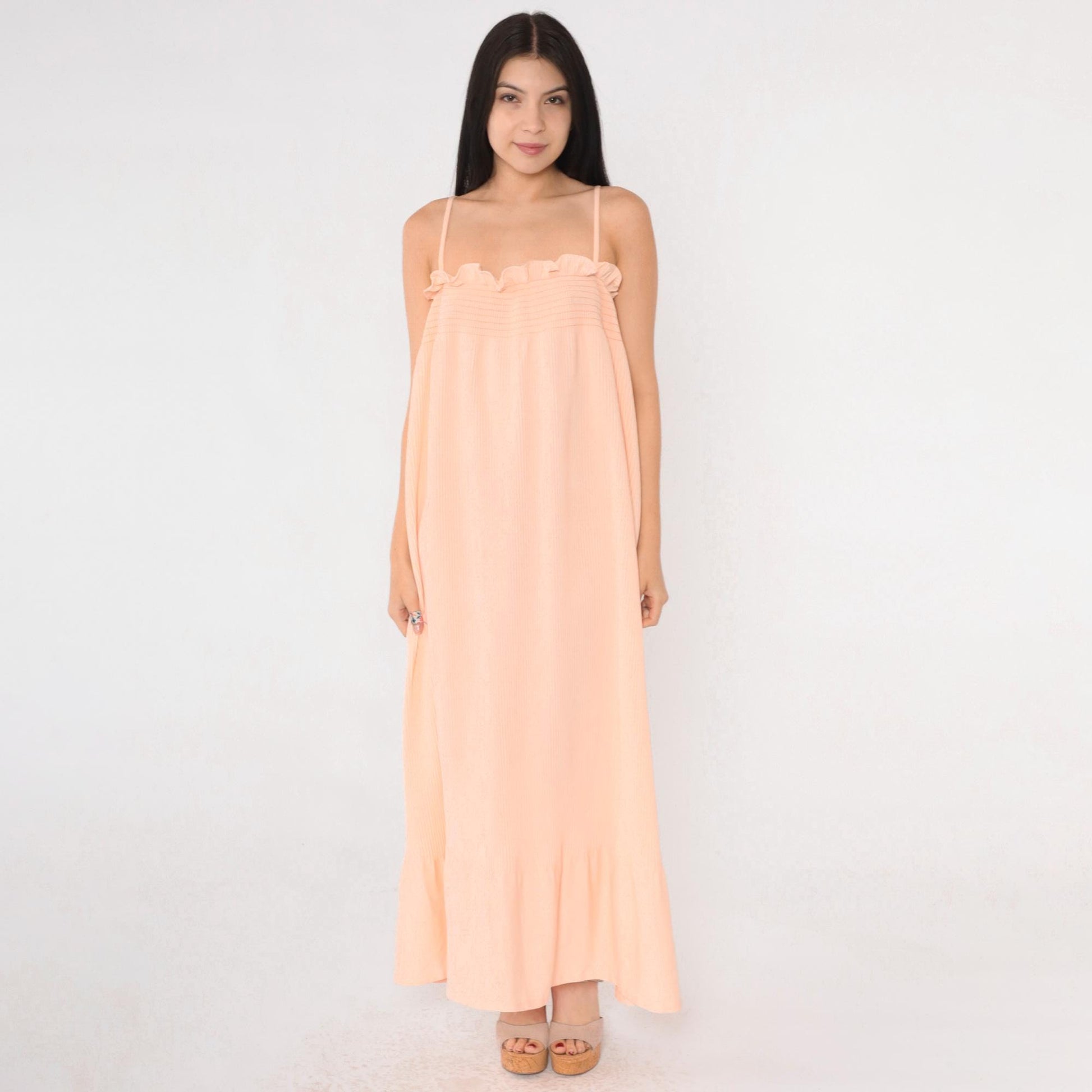 70s Peach Maxi Sundress Smocked Knife Pleated Spaghetti Strap Small Medium
