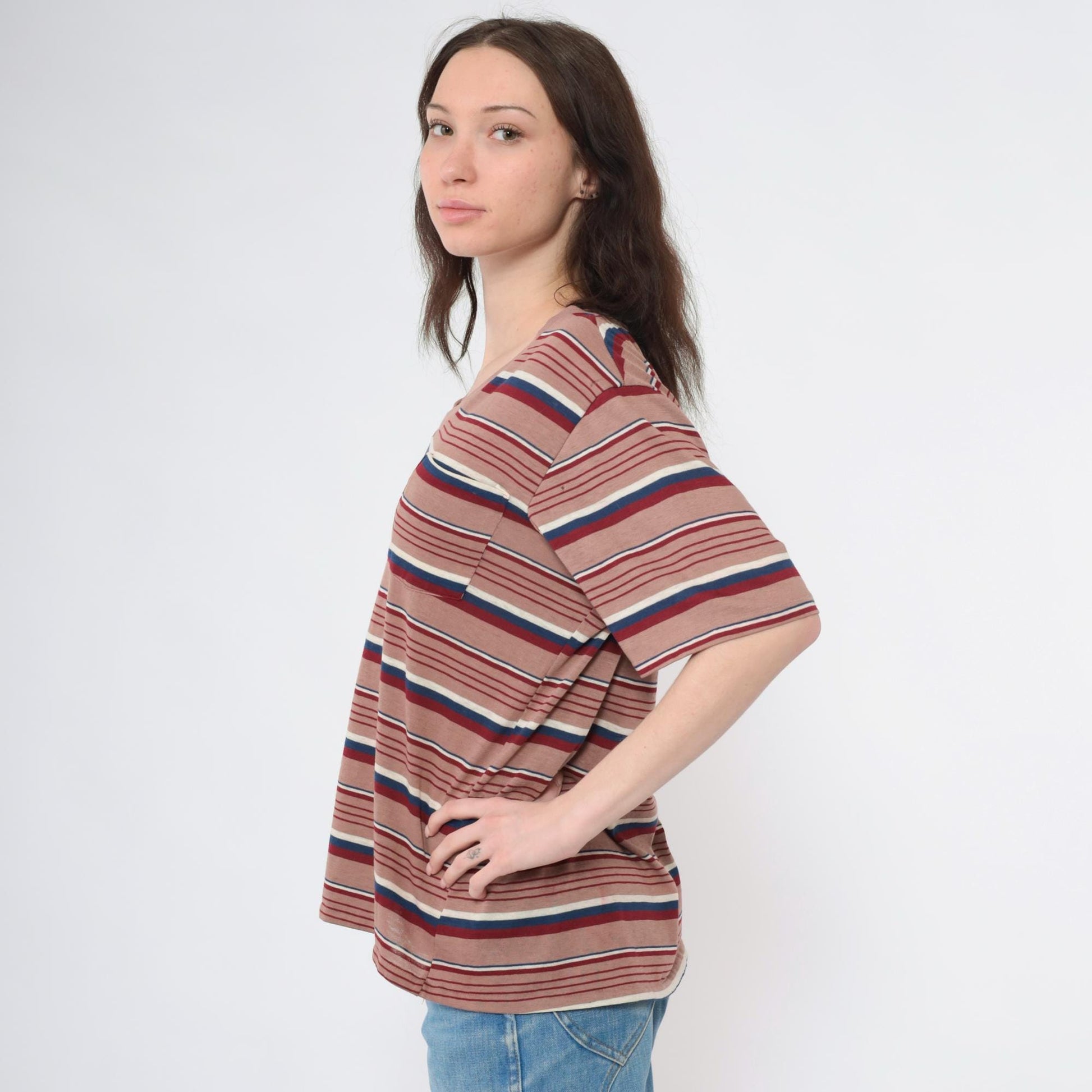 80s Striped V-Neck Tee Brown Red Navy Pocket T-Shirt Large L