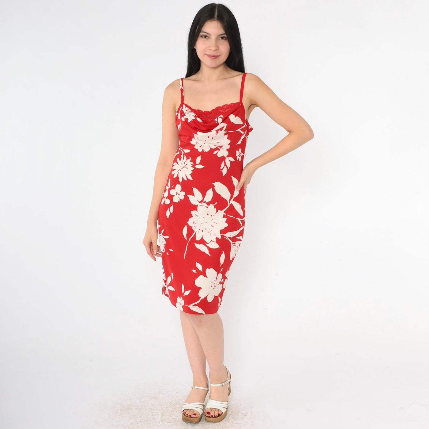 Y2K Red Floral Midi Dress Cowl Neck Lace Bust Spaghetti Strap Small