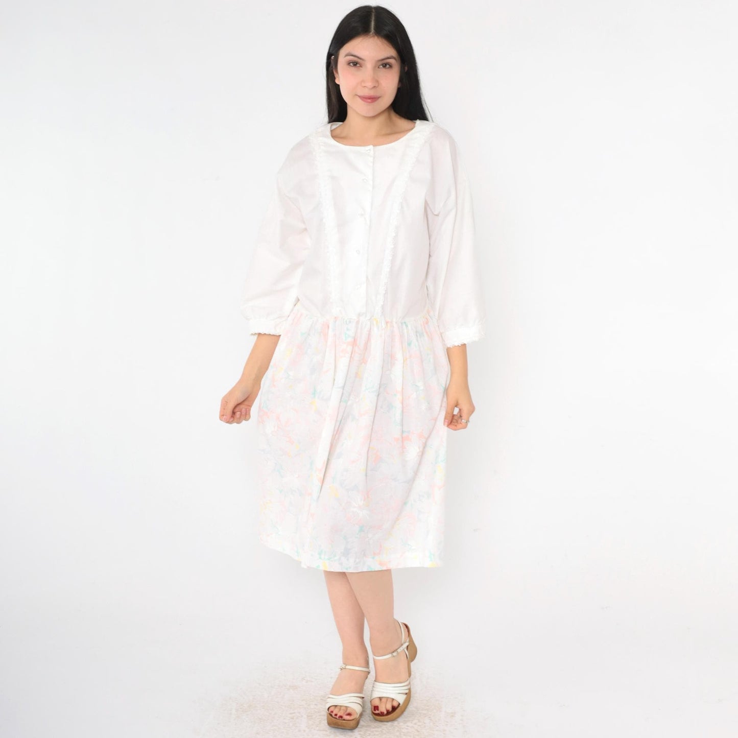 80s White Floral Midi Shirtdress Lace Trim High Waist Button Front Large L