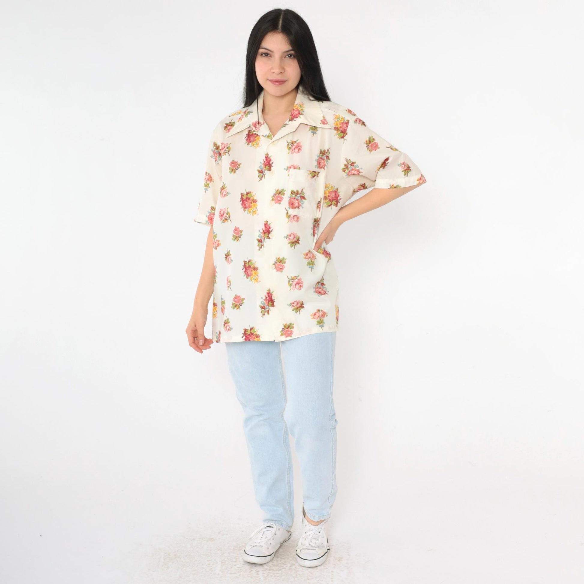 70s Pink Floral Rose Print Button Up Shirt Dagger Collar Men's Large