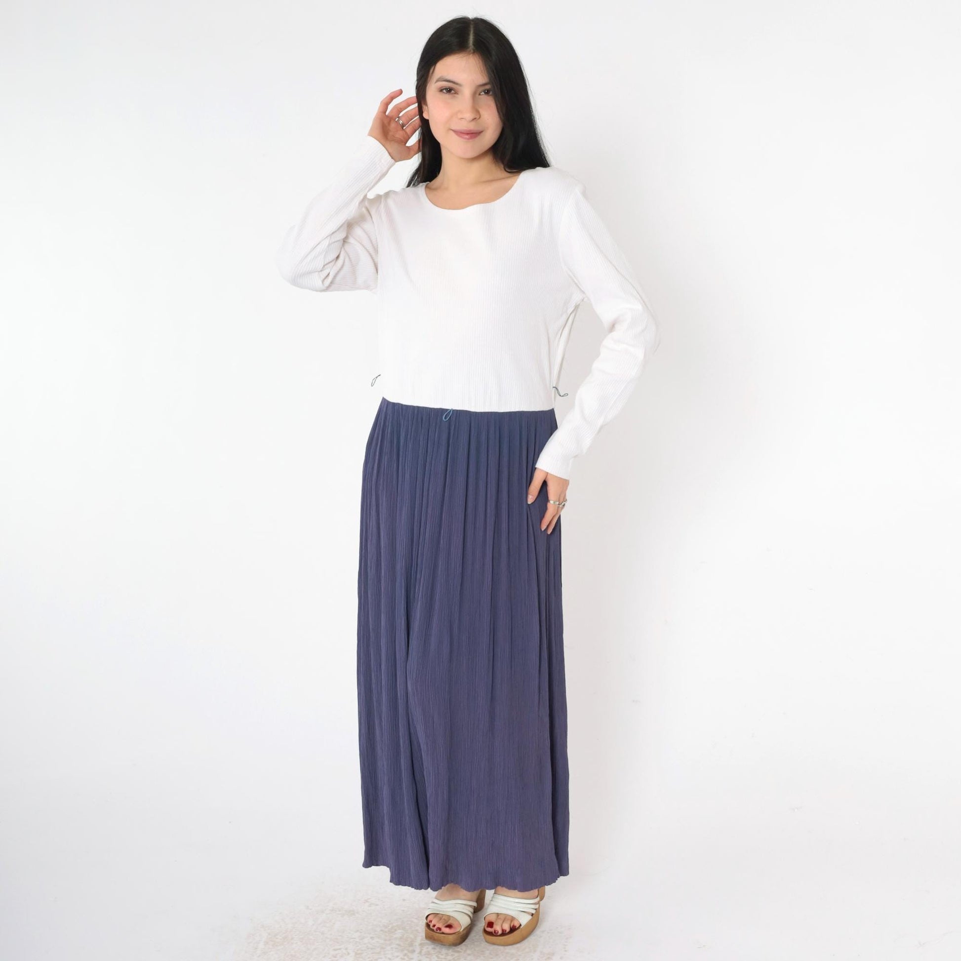 90s Two Tone Maxi Dress Blue White Long Sleeve Low Waist Large 12