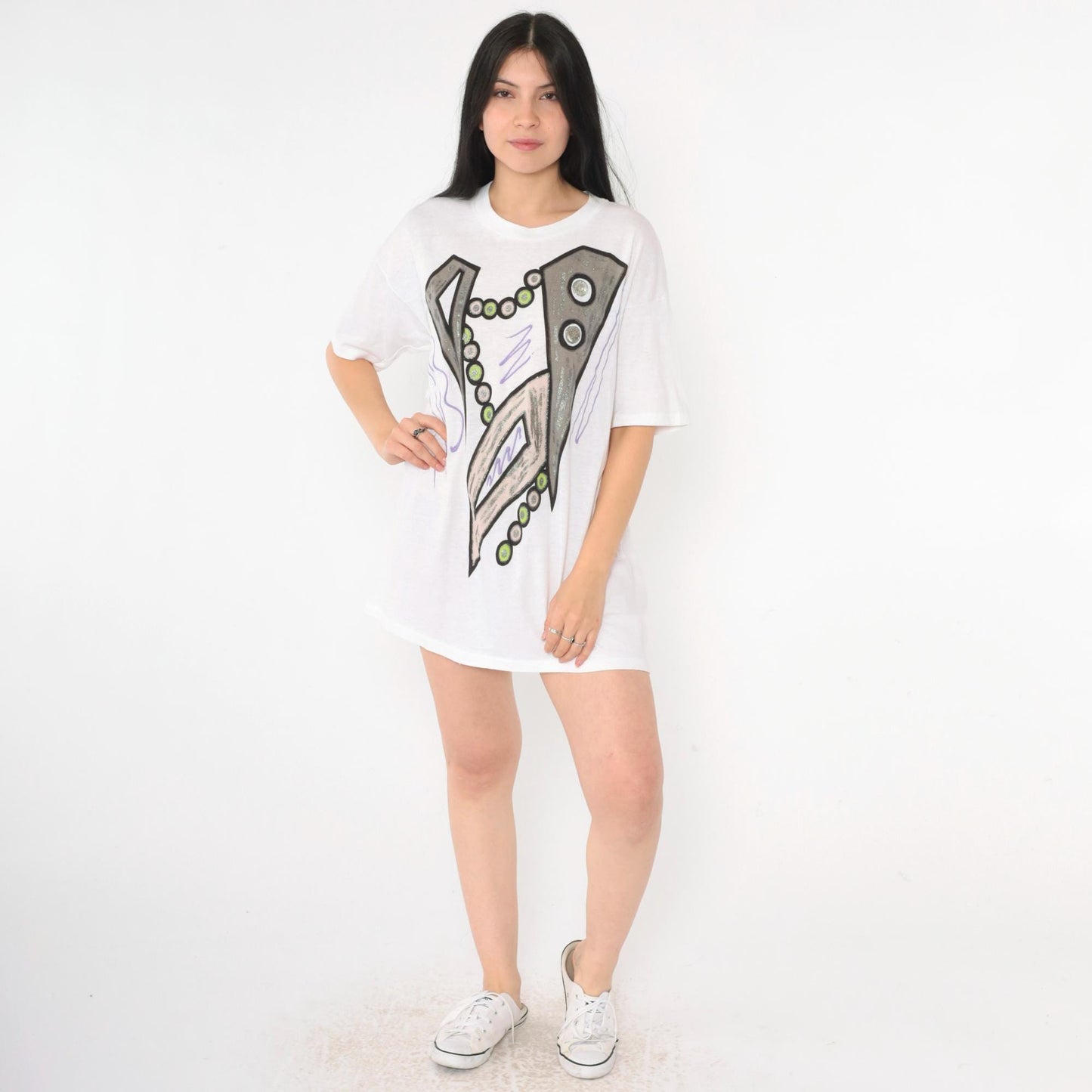 90s Abstract Geometric Glitter Paint T-Shirt White Single Stitch Large L