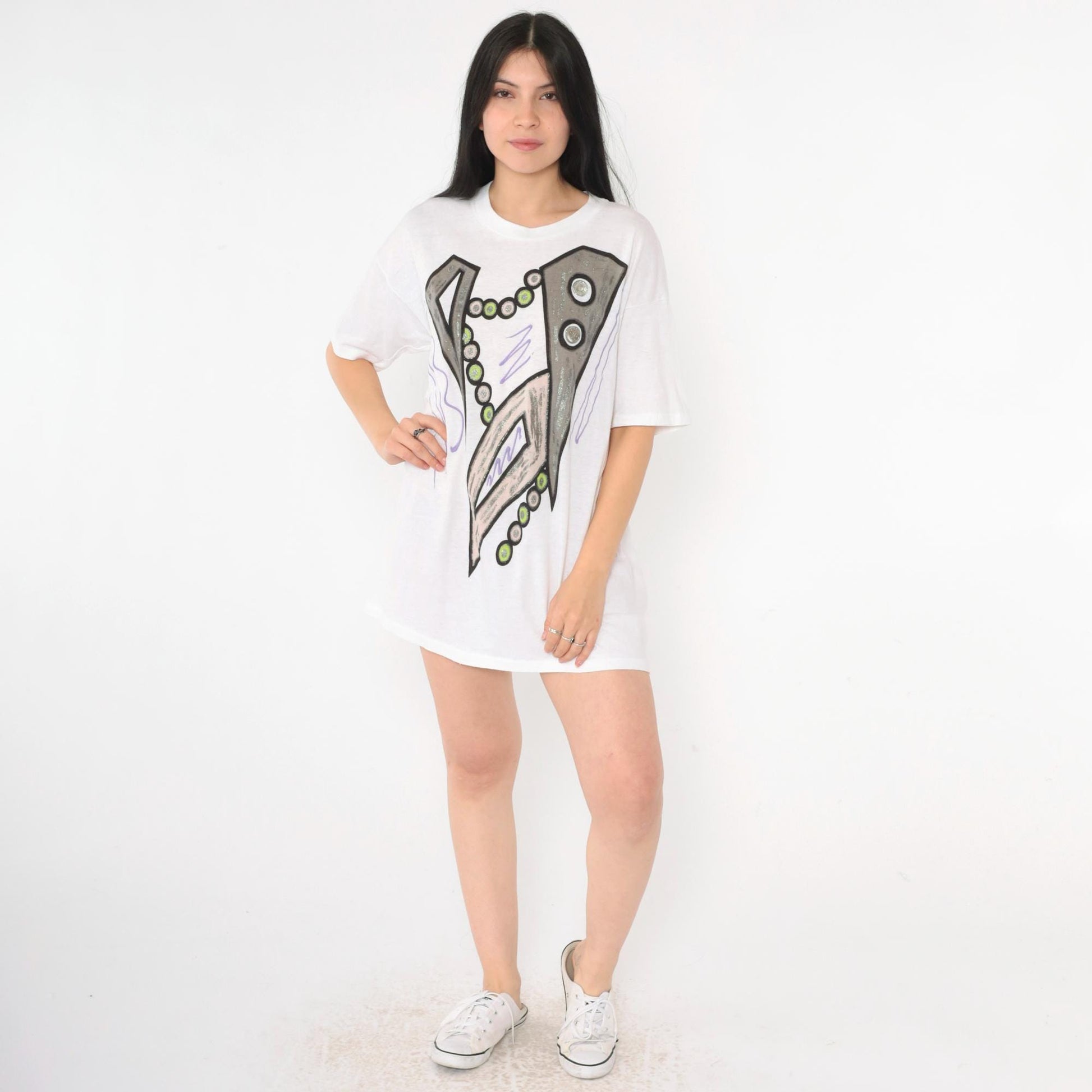 90s Abstract Geometric Glitter Paint T-Shirt White Single Stitch Large L