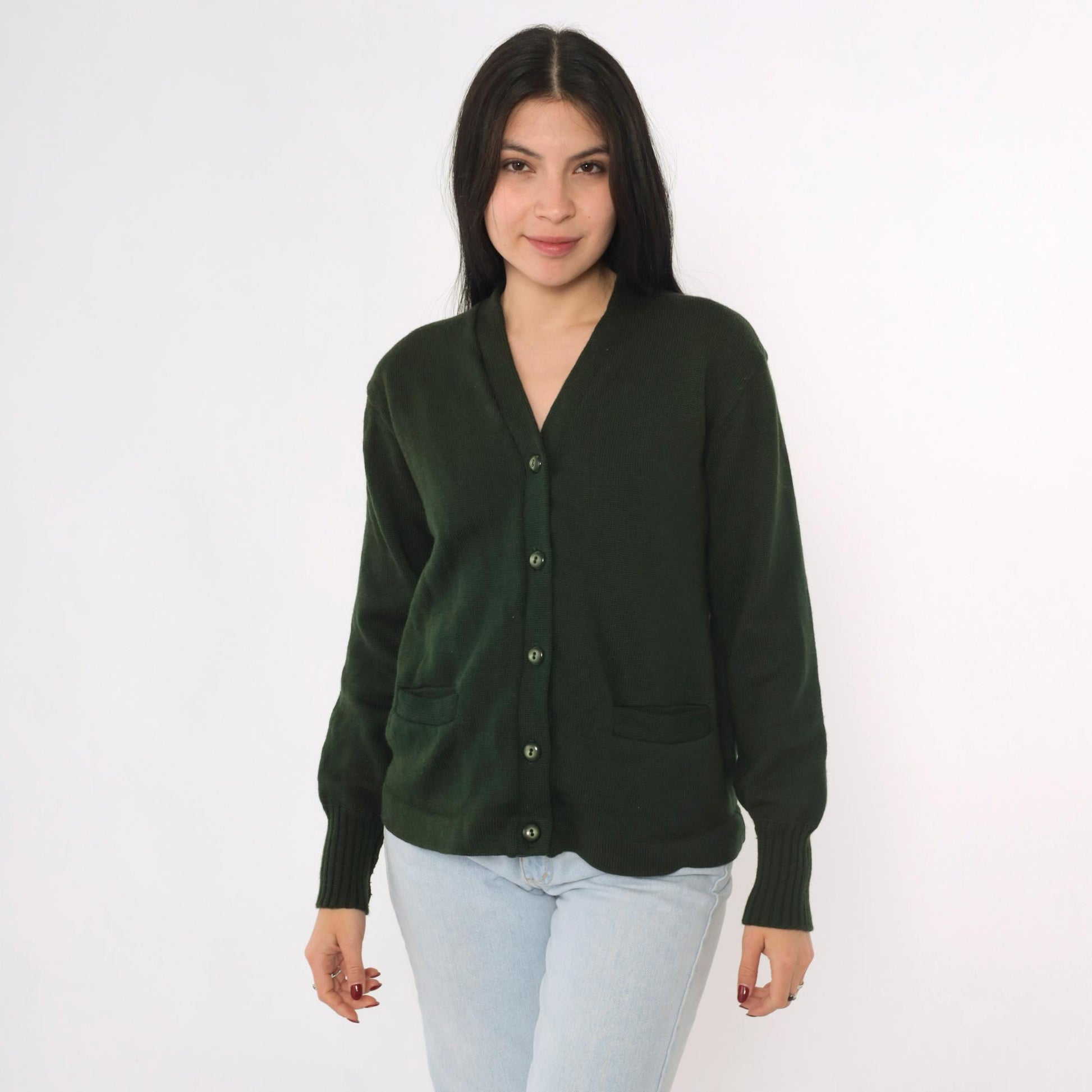 1960s Albion Knit Dark Green Wool Cardigan Button-Up Medium M